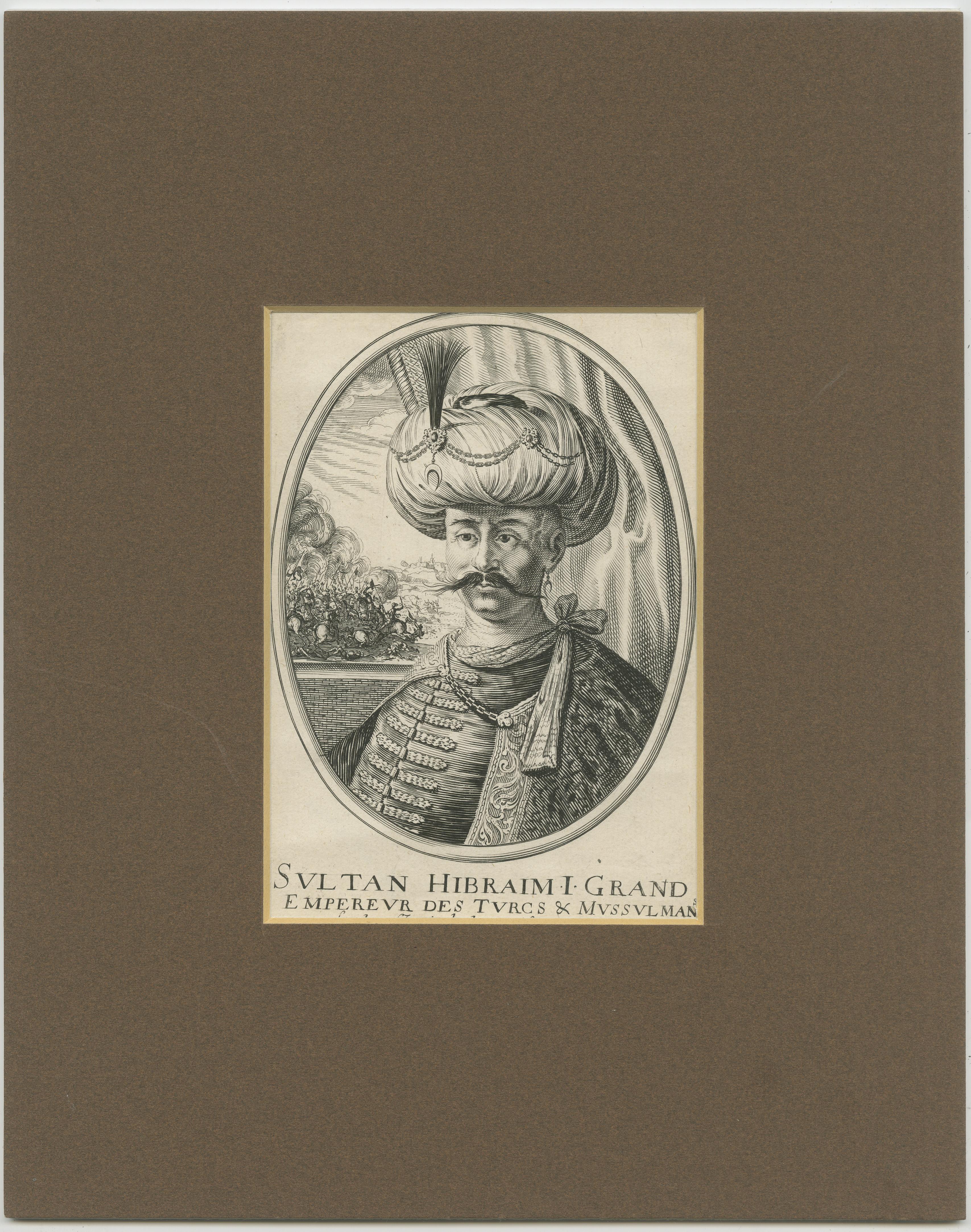 Antique print titled 'Sultan Hibraim I (..)'. Portrait of Ottoman sultan Ibrahim I, bust-length directed to left; in oval.

Published by Balthasar Moncornet, circa 1660. Balthasar Moncornet (b.1600 Rouen, France d.1668 Paris, France) was a French