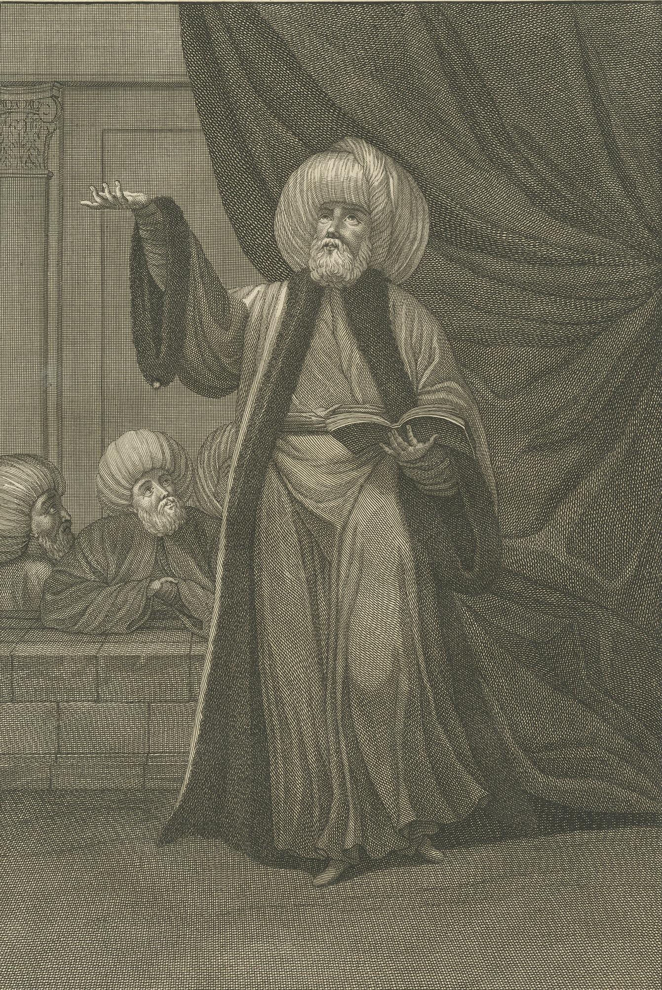 Antique portrait titled 'Le Moufti, ou Chef de la Loy'. Old print of the Mufti or Chief of the Law. A mufti is a Sunni Islamic scholar who is an interpreter or expounder of Islamic law (Sharia). This print originates from 'Ceremonies et costumes