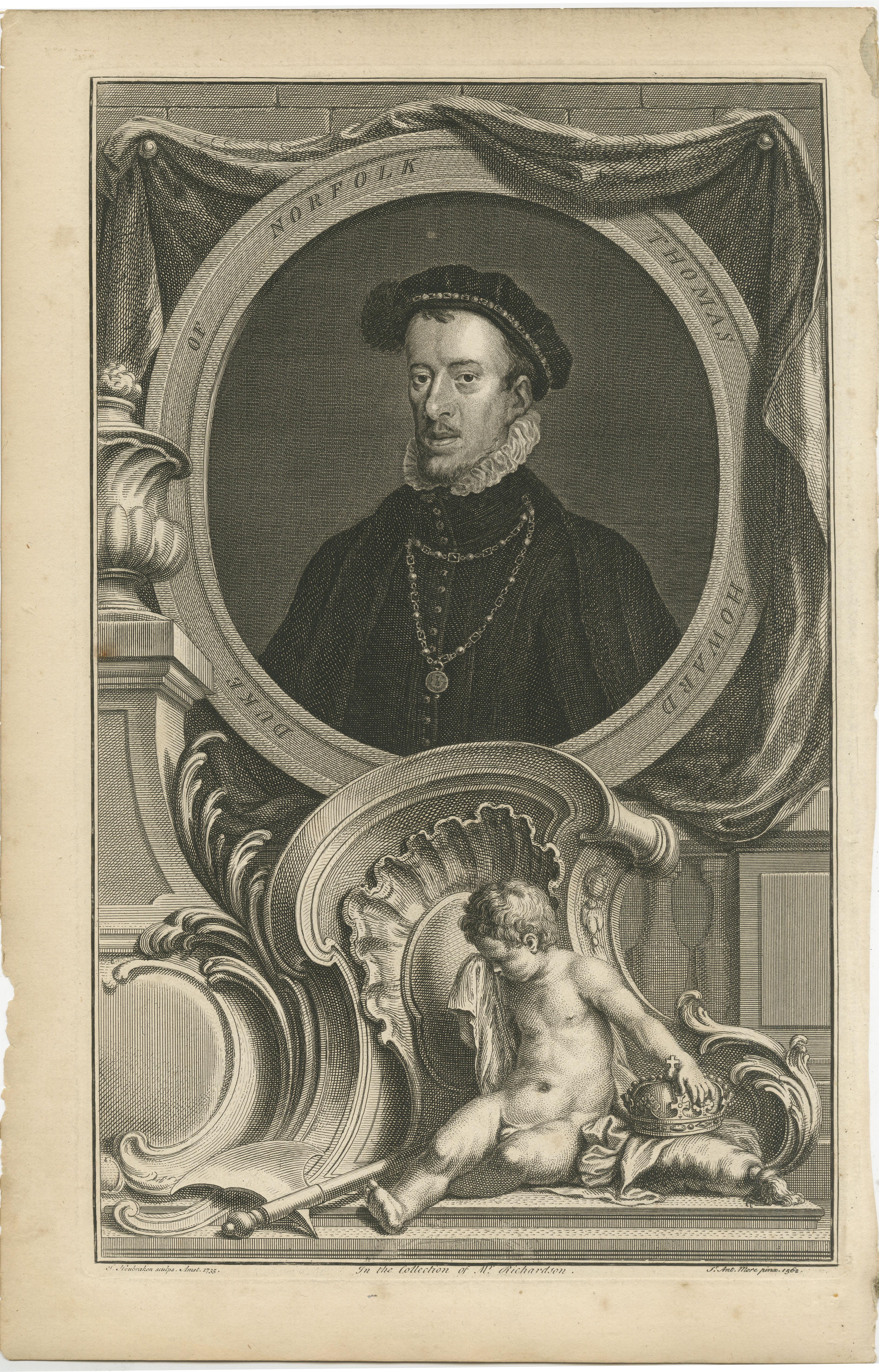 Antique portrait titled 'Duke of Norfolk Thomas Howard'. Thomas Howard, 4th Duke of Norfolk, KG (Kenninghall, Norfolk, 10 March 1536 – Tower Hill, London, 2 June 1572) was an English nobleman and politician.

This print originates from Thomas