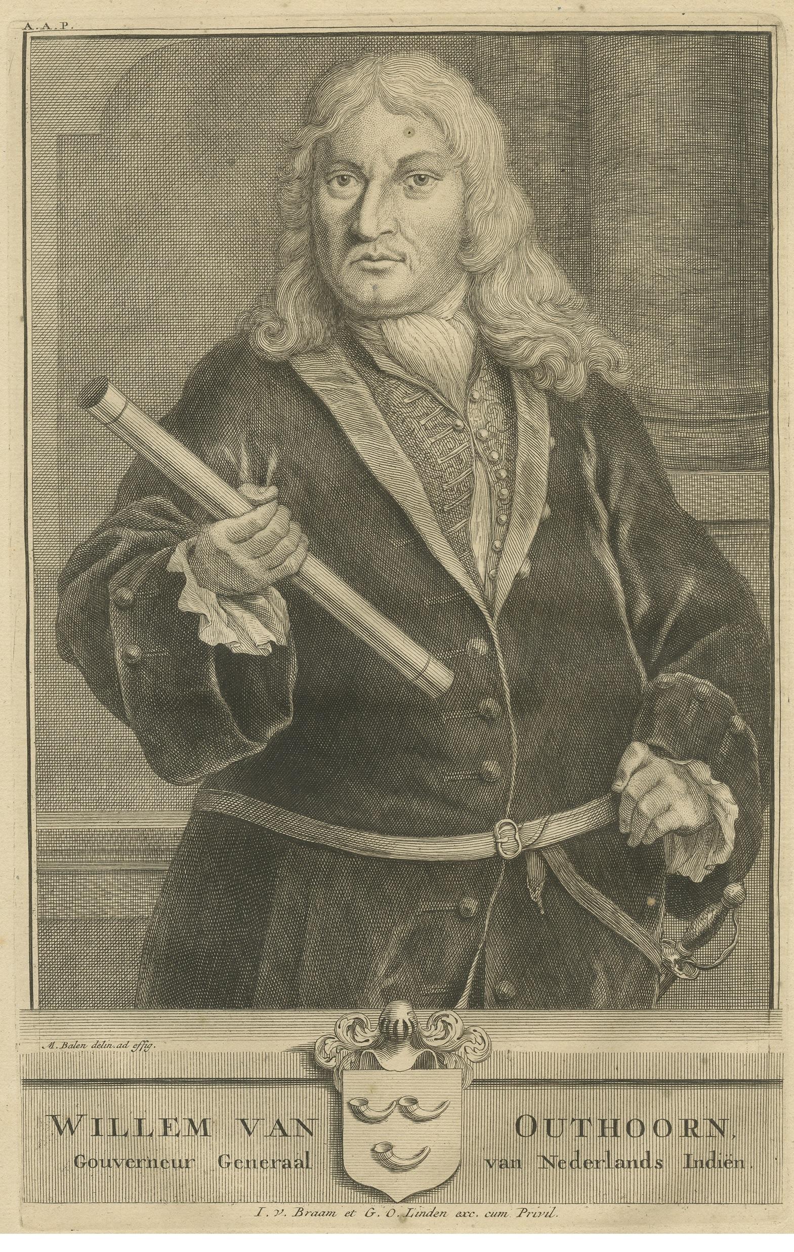 Antique portrait titled 'Willem van Outhoorn, Gouverneur Generaal van Nederlands Indiën'. Old portrait of Willem van Outhoorn, Governor-General of the Dutch East Indies from 1691-1704. This print originates from 'Oud en Nieuw Oost-Indiën' by F.