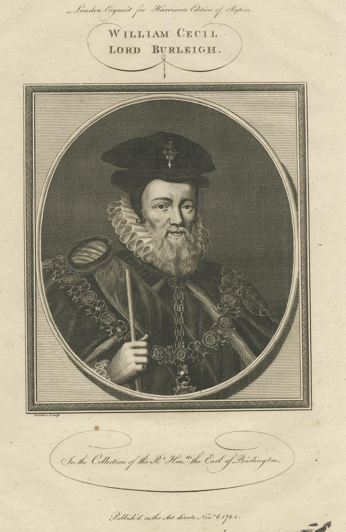 Antique print titled 'William Cecil Lord Burleigh'. William Cecil, 1st Baron Burghley. Engraved by John Goldar (1729–1795) from an earlier portrait.