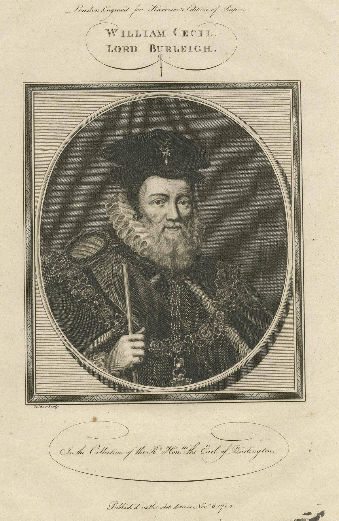 Antique Portrait of William Cecil by Goldar, 1784