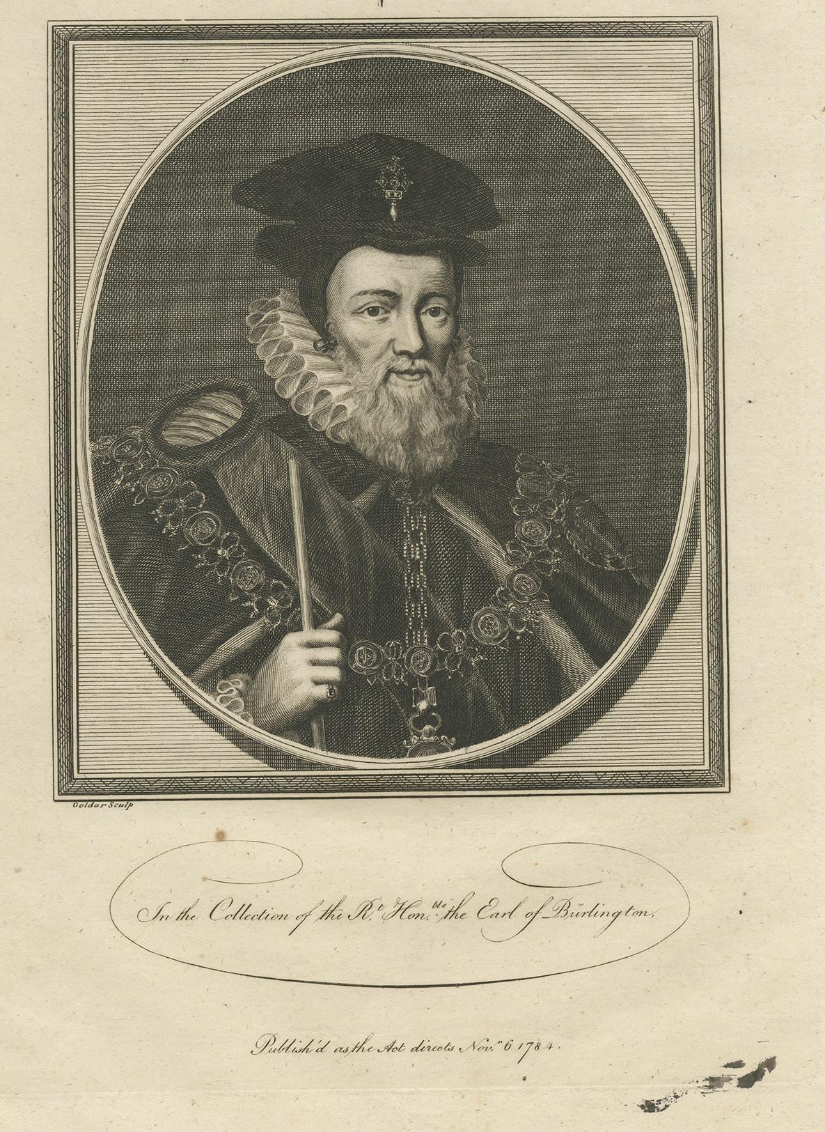 English Antique Portrait of William Cecil by Goldar, 1784 For Sale