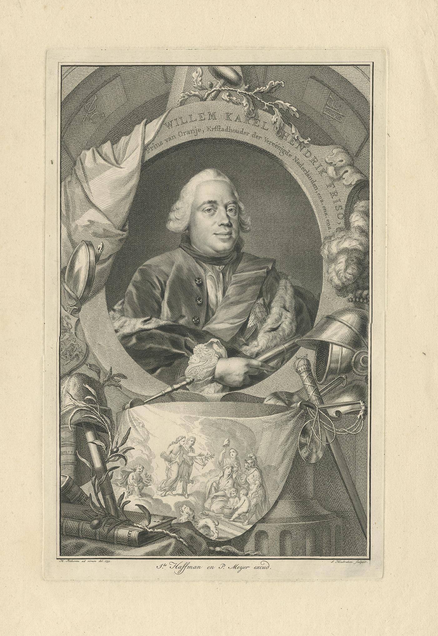 Antique portrait titled 'Willem Karel Hendrik Friso, Prins van Oranje, Erfstadhouder der Vereenigde Nederlanden enz. enz. enz'. Portrait of William Charles Henry Friso of Orange.