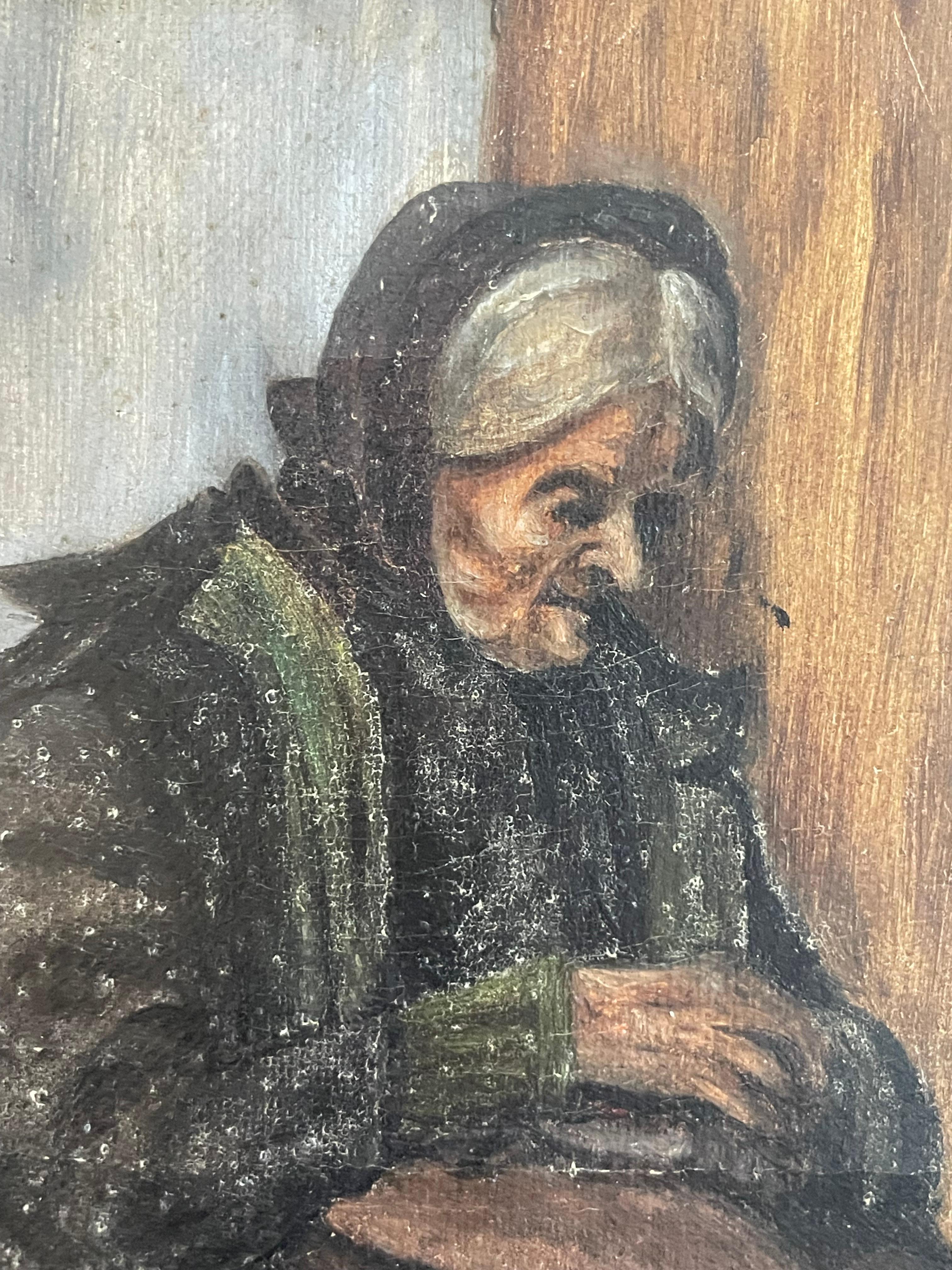 Cette peinture à l'huile du début du XXe siècle, poignante et rendue avec sensibilité, représente une femme âgée assise dans une contemplation tranquille. Exécuté avec des tons sourds et terreux et un travail de pinceau délicat, l'artiste capture la