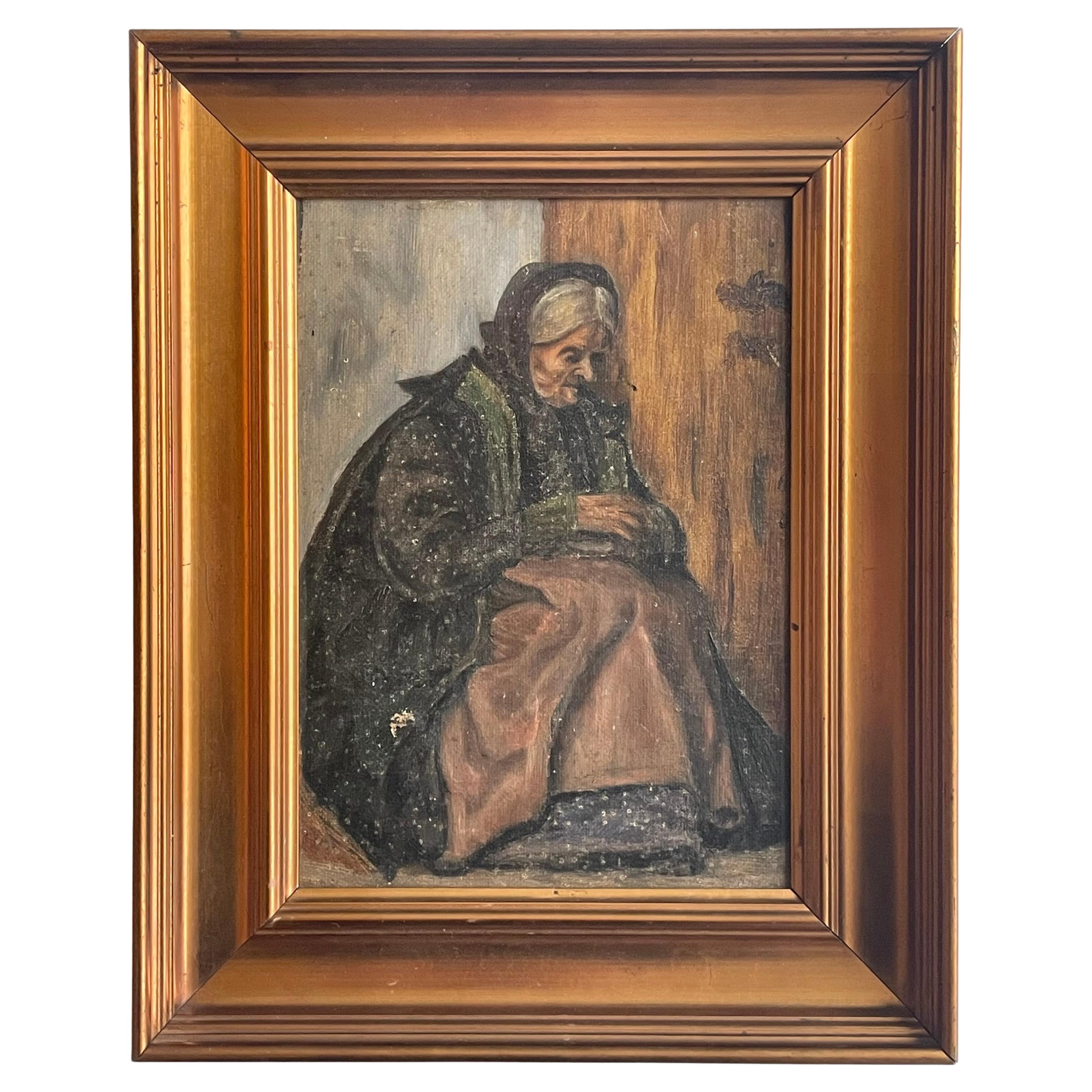 Peinture à l
huile ancienne du Danemark représentant une femme âgée en robe