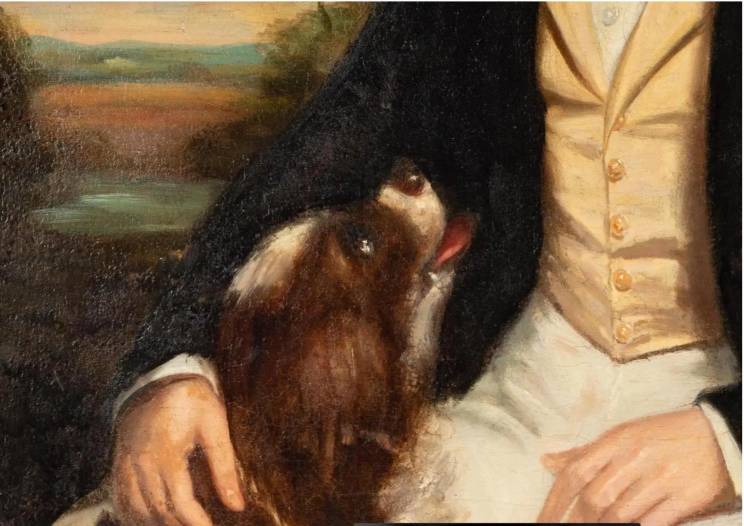 Regency Peinture à l'huile ancienne d'un garçon avec un chien en vente
