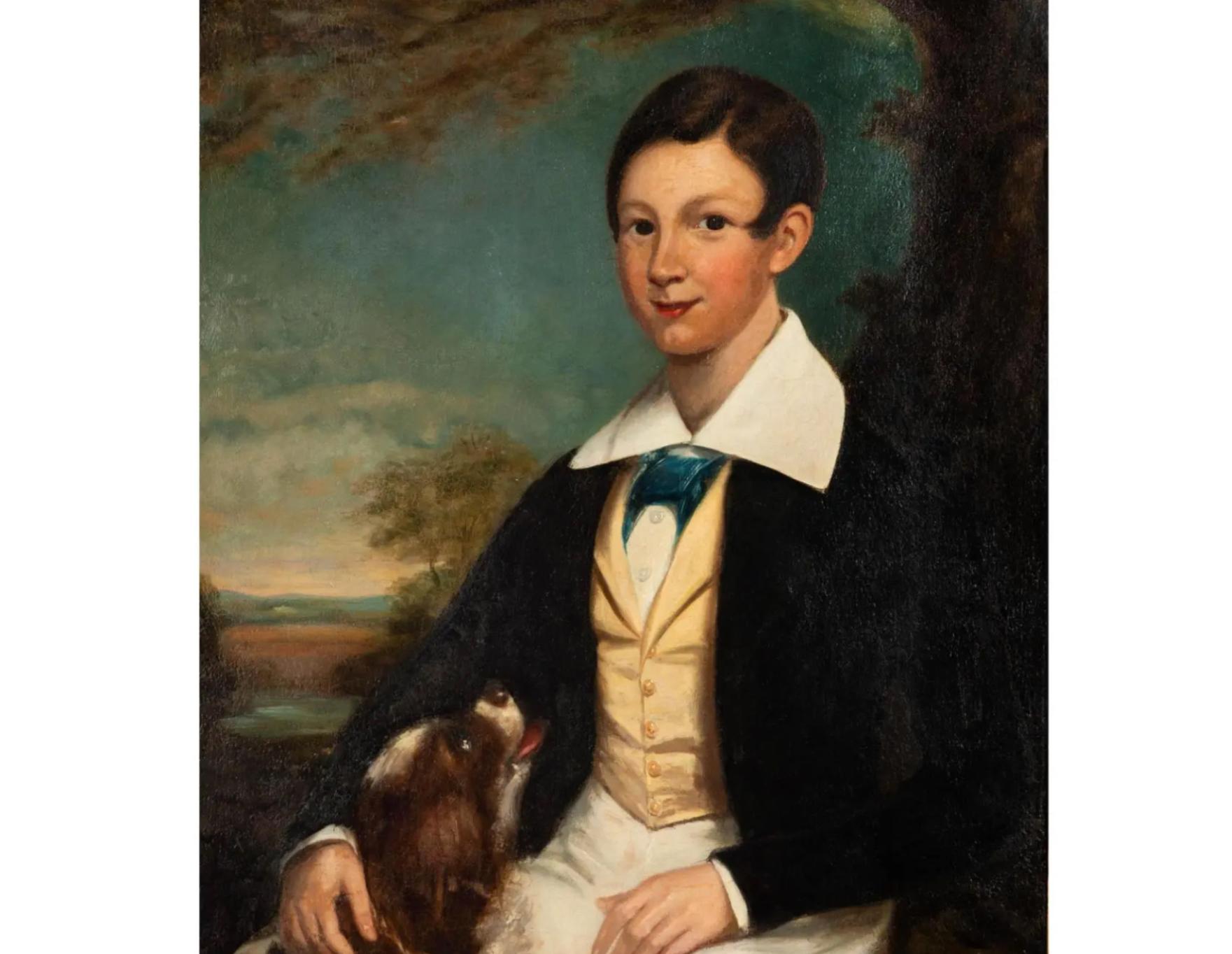 XIXe siècle Peinture à l'huile ancienne d'un garçon avec un chien en vente