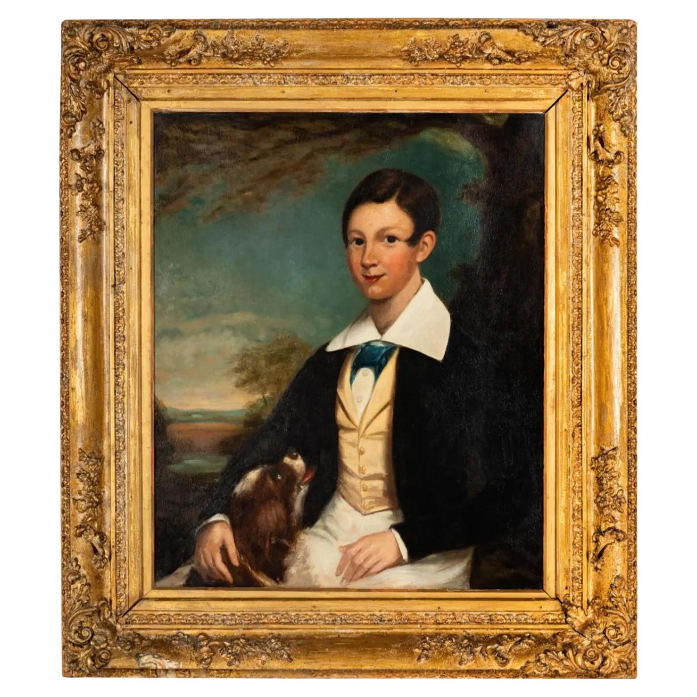Peinture à l'huile ancienne d'un garçon avec un chien