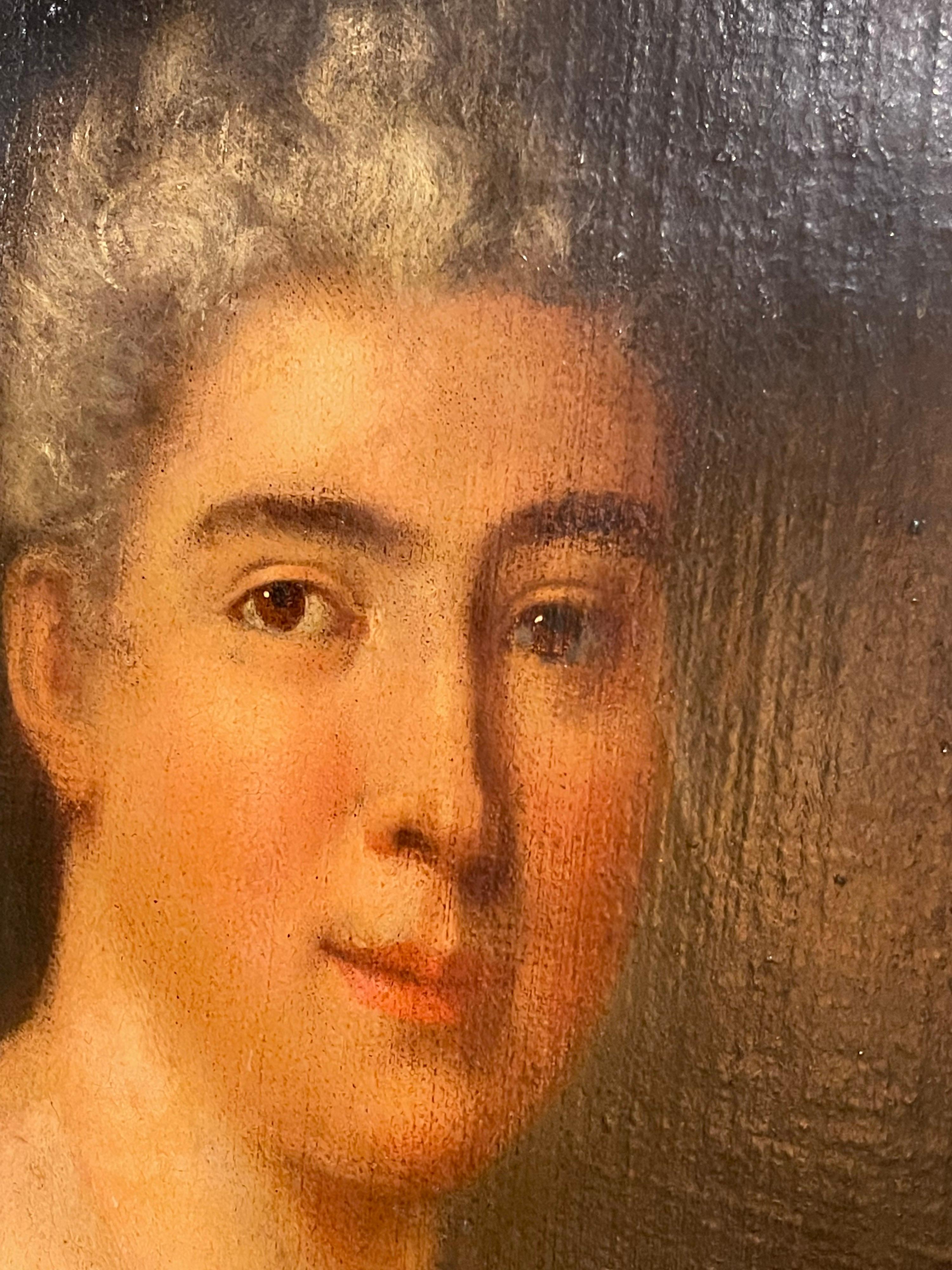 Peint à la main Portrait/peinture à l'huile ancienne d'une noble, France, 18ème siècle en vente