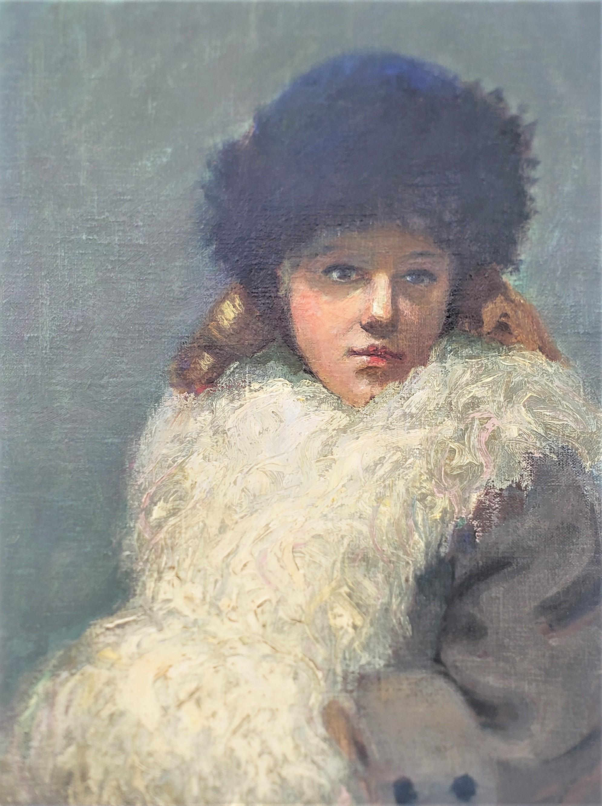 This very well executed antique oil painting is unsigned, with unknown origins, and is presumed to date to approximately 1920 and done in the period impressionistic style. The painting is done in oil on canvas and depicts a young woman in period