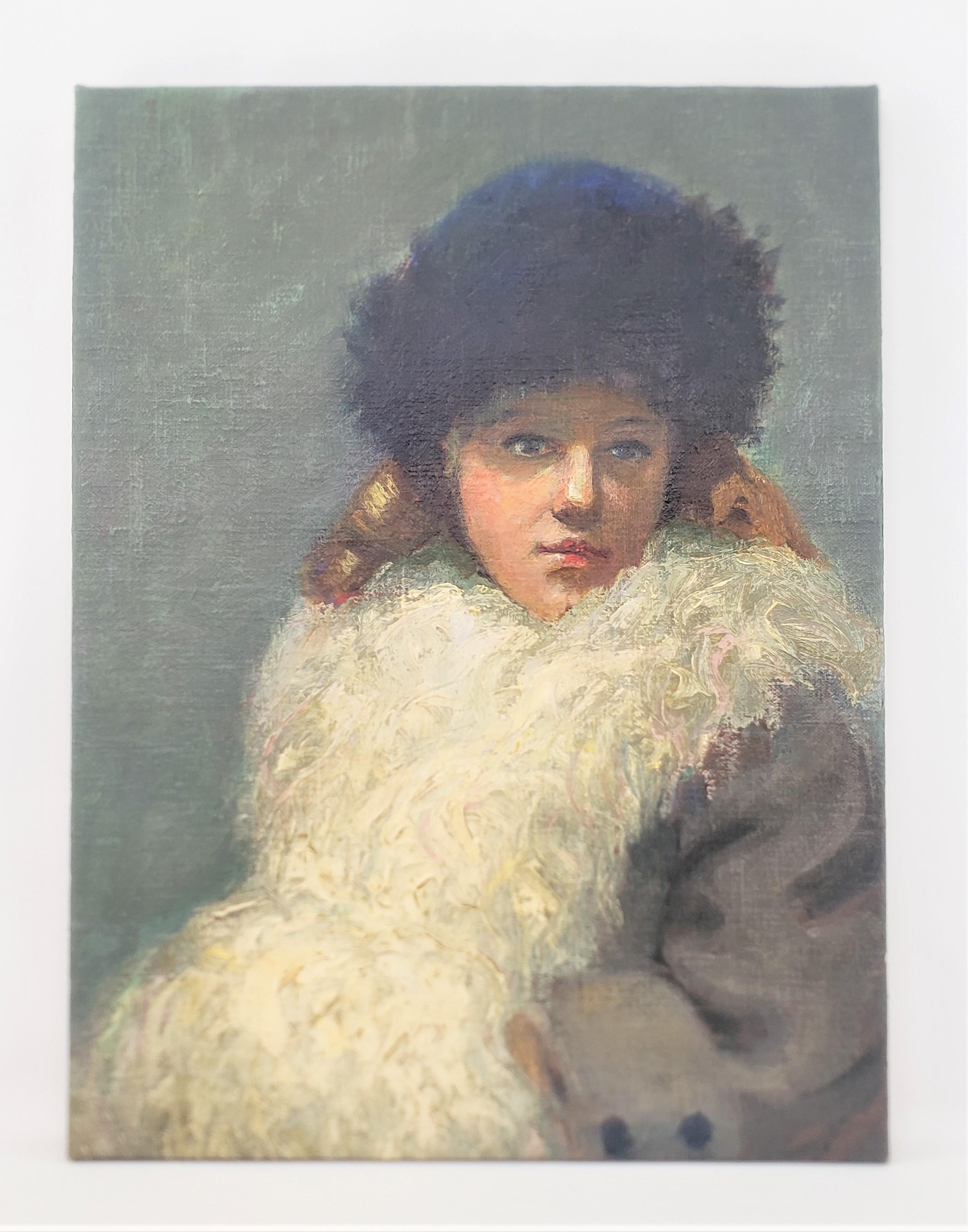 Art déco Peinture à l'huile ancienne sur toile représentant une jeune femme, portrait en vente