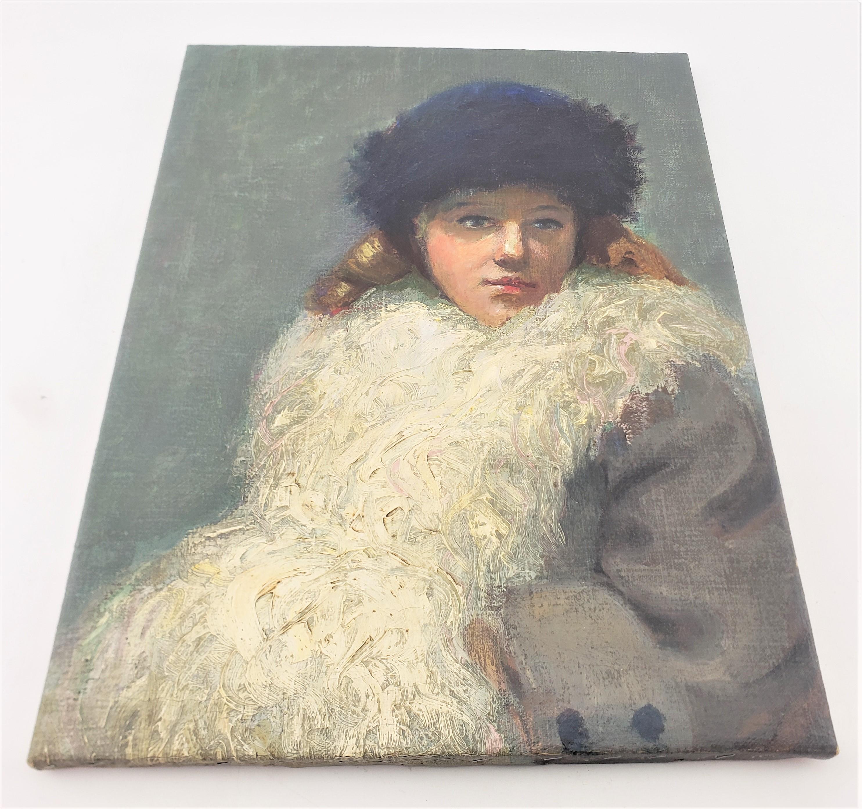Hand-Painted Antique Portrait Oil Painting on Canvas Depicting a Young Woman For Sale
