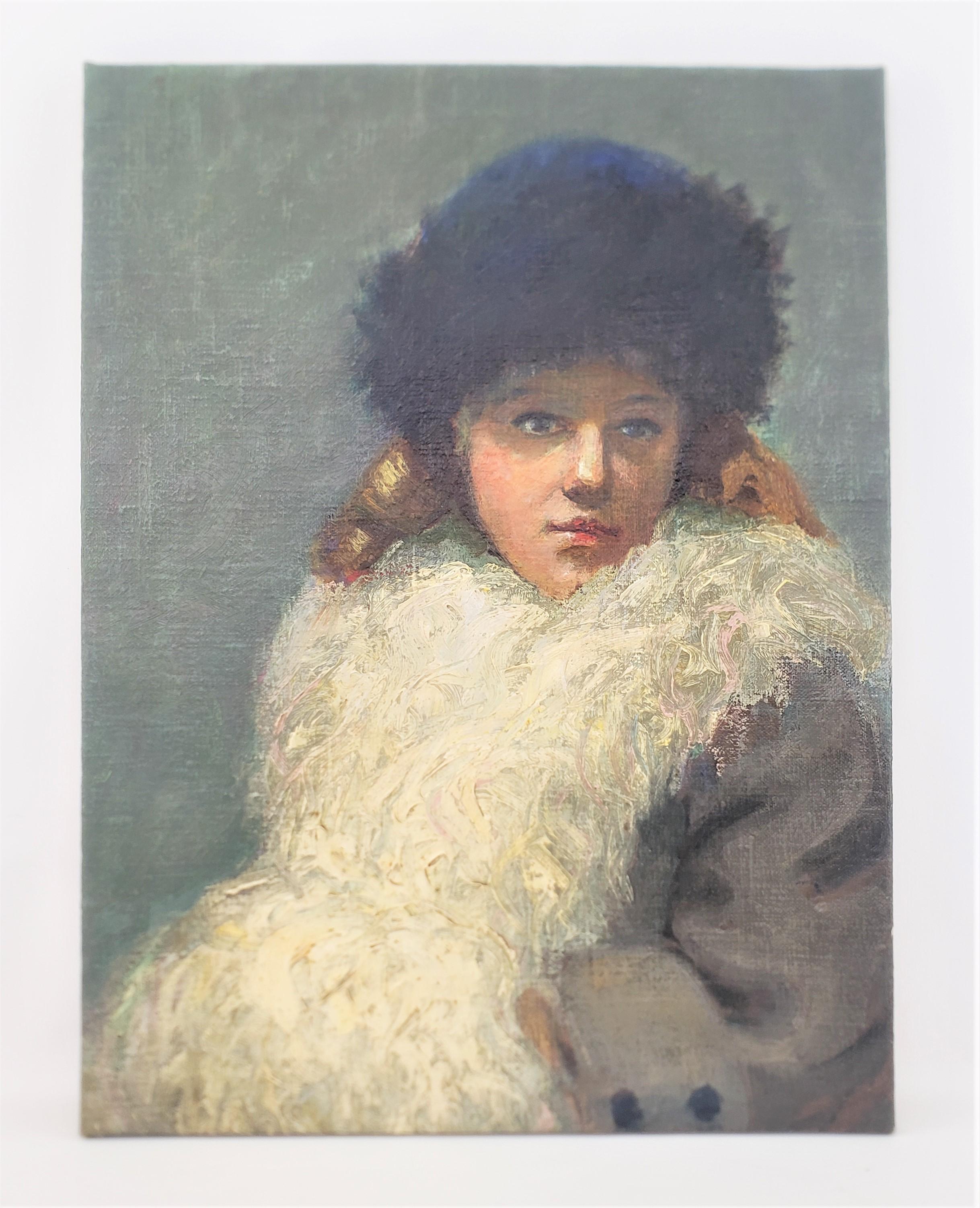 Toile Peinture à l'huile ancienne sur toile représentant une jeune femme, portrait en vente