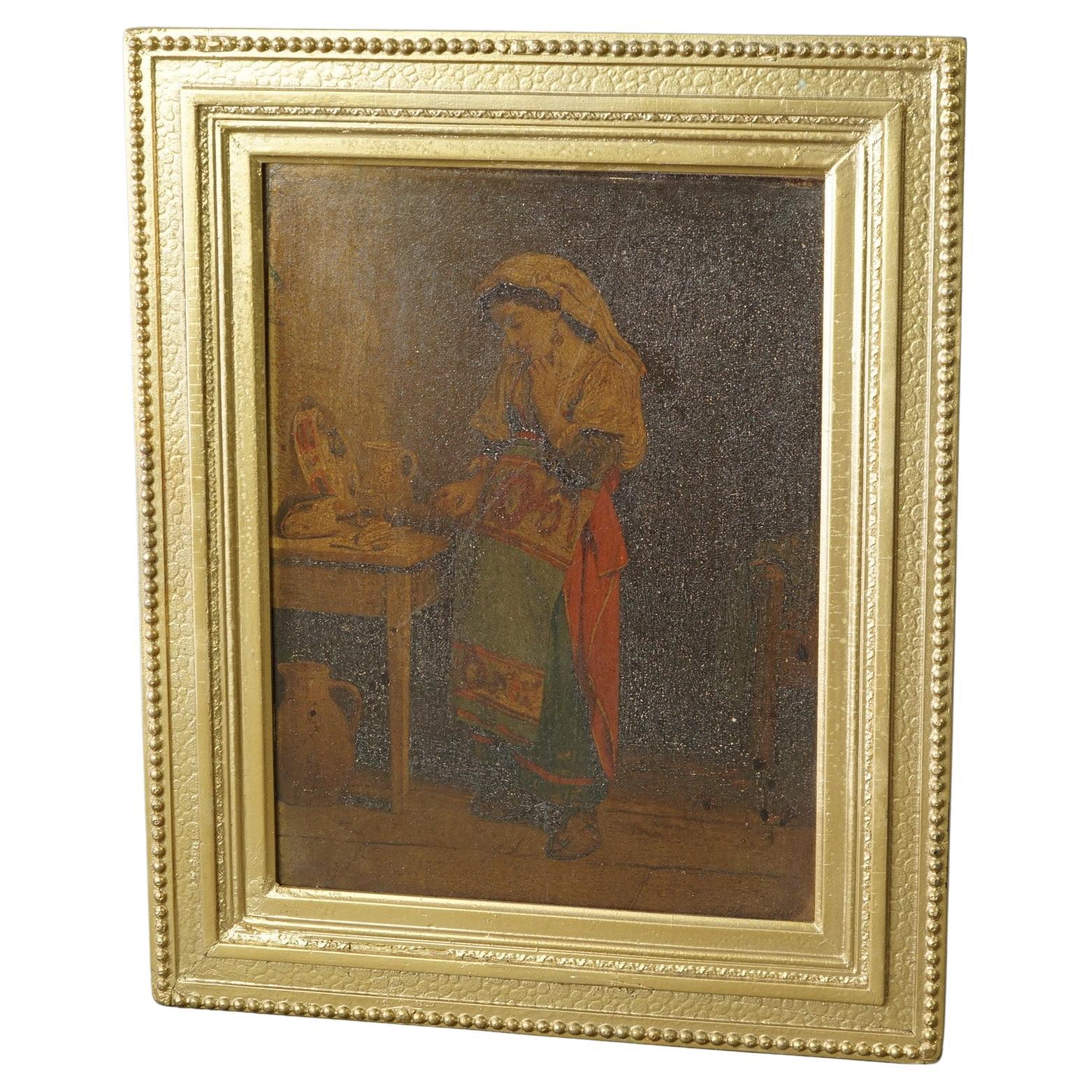 An antique painting offers oil on wood board portrait of a woman, artist signed lower right, seated in giltwood frame, 19th century

Measures - 16.25
