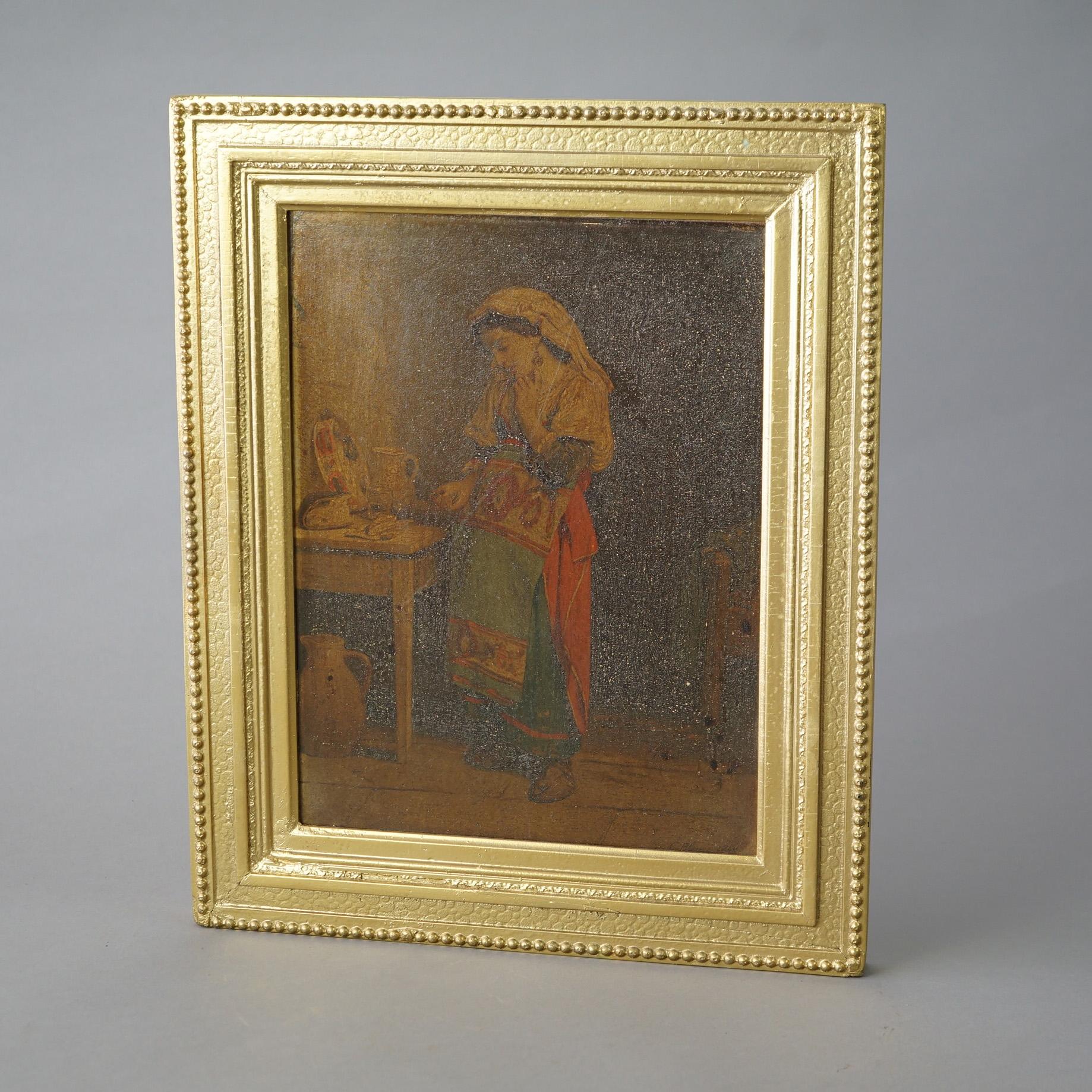 Hand-Painted Antique Portrait Oil Painting on Wood Panel, Artist Signed Lower Right 19th C For Sale