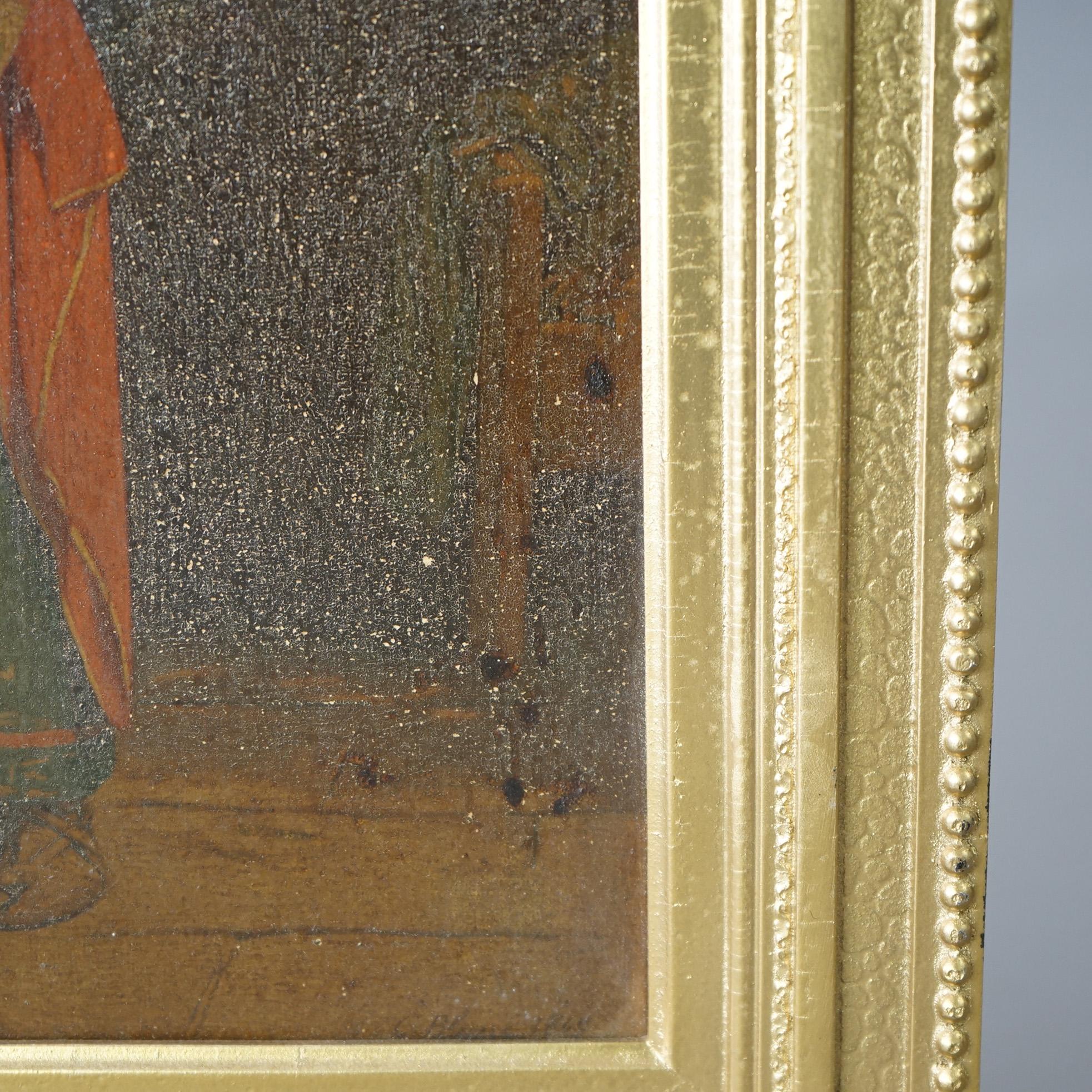 Peint à la main Peinture à l'huile ancienne sur panneau de bois, signée par l'artiste en bas à droite, 19ème C. en vente