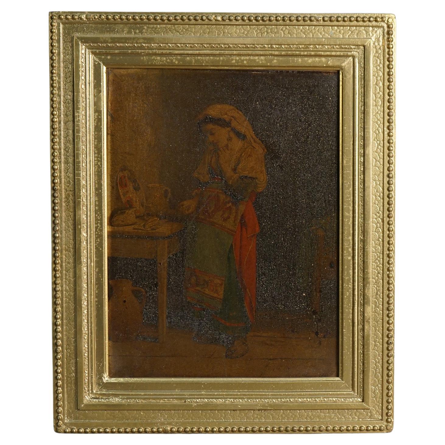 Antique Portrait Oil Painting on Wood Panel, Artist Signed Lower Right 19th C For Sale