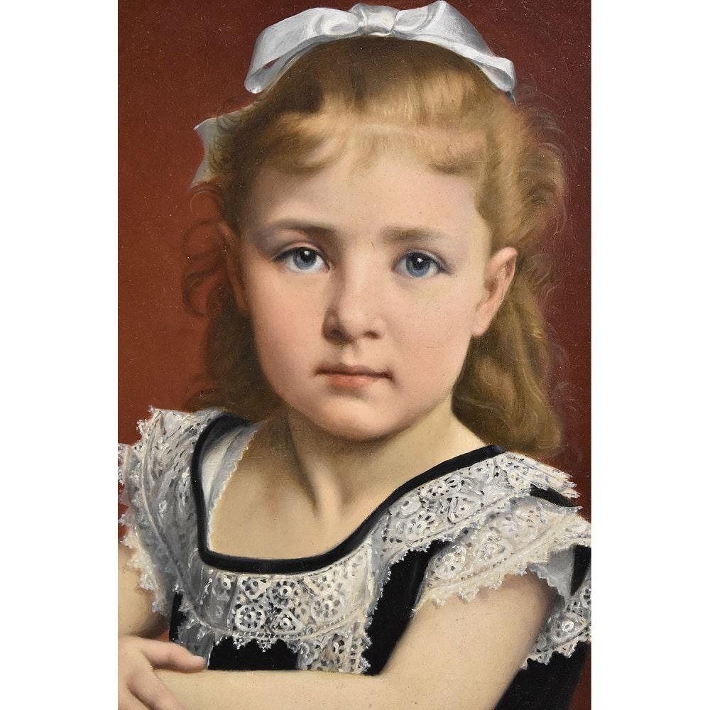 French Antique Portrait Painting, Beautiful Young Girl, Young Woman Oil on Canvas