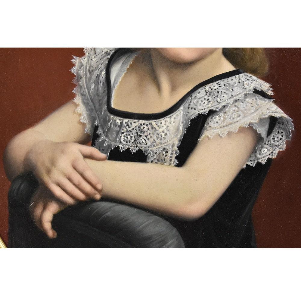 19th Century Antique Portrait Painting, Beautiful Young Girl, Young Woman Oil on Canvas