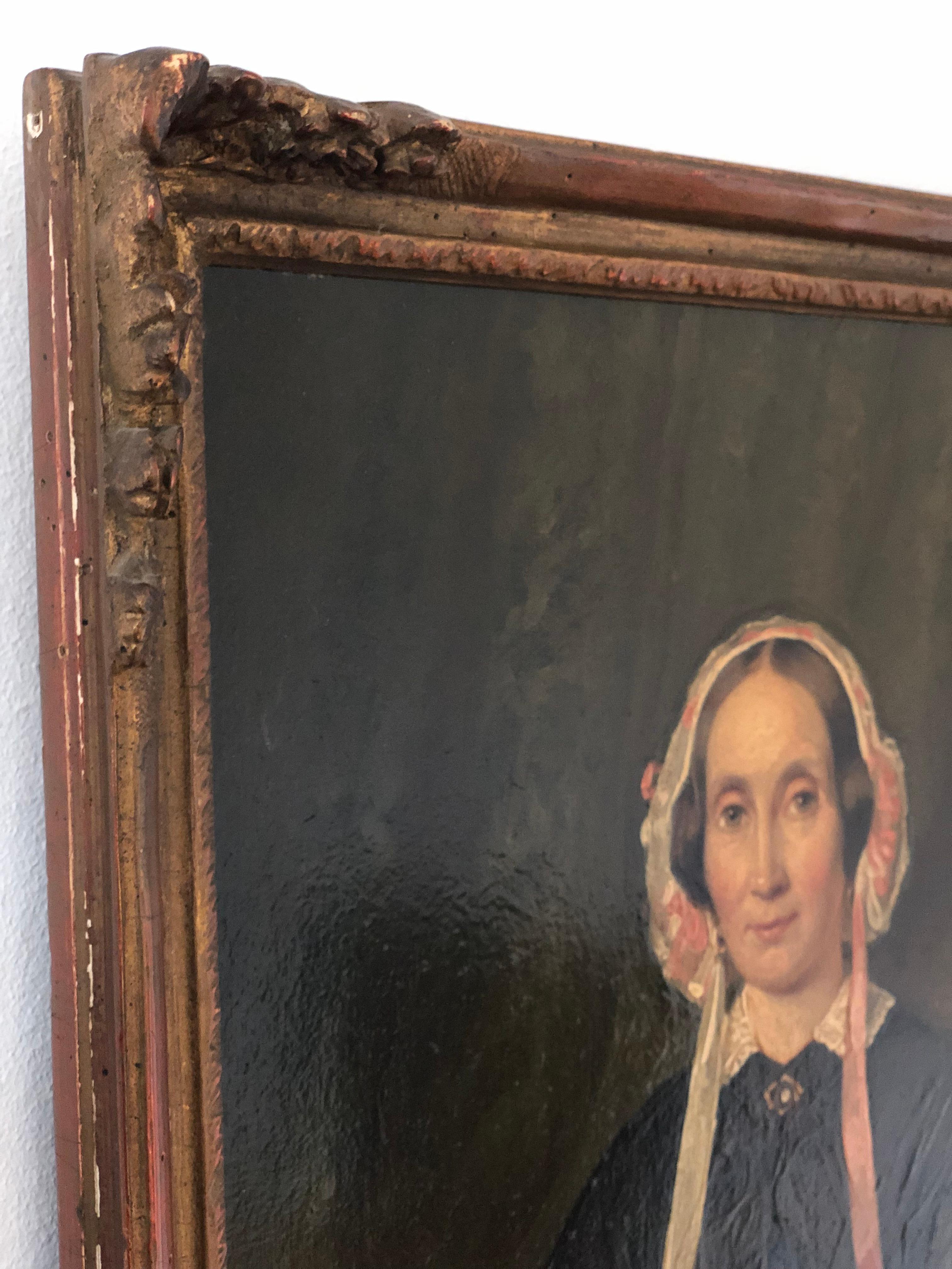 Hand-Painted Antique Portrait Painting of A Dutch Lady - Original Gilded Frame For Sale