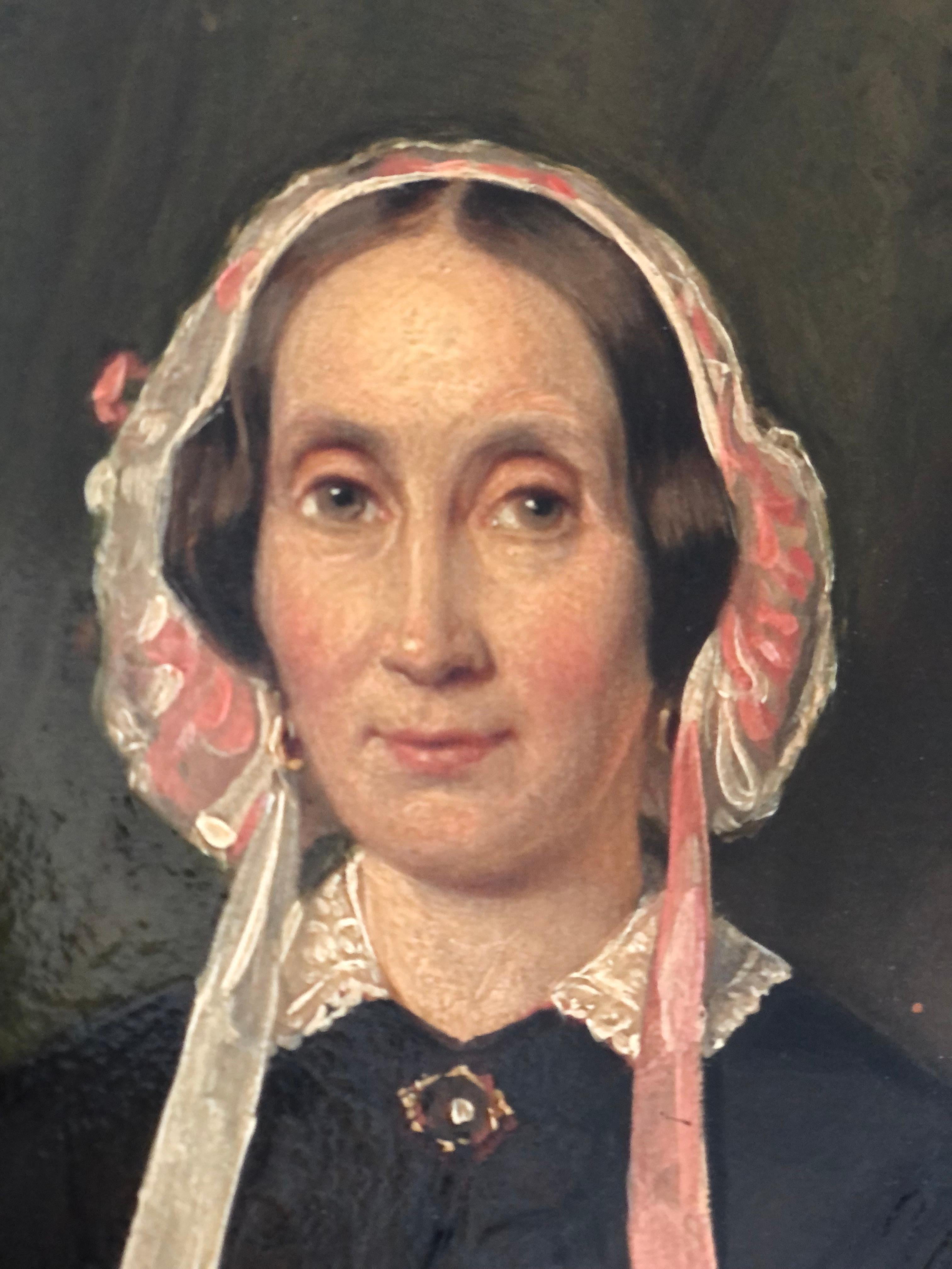 Canvas Antique Portrait Painting of A Dutch Lady - Original Gilded Frame For Sale