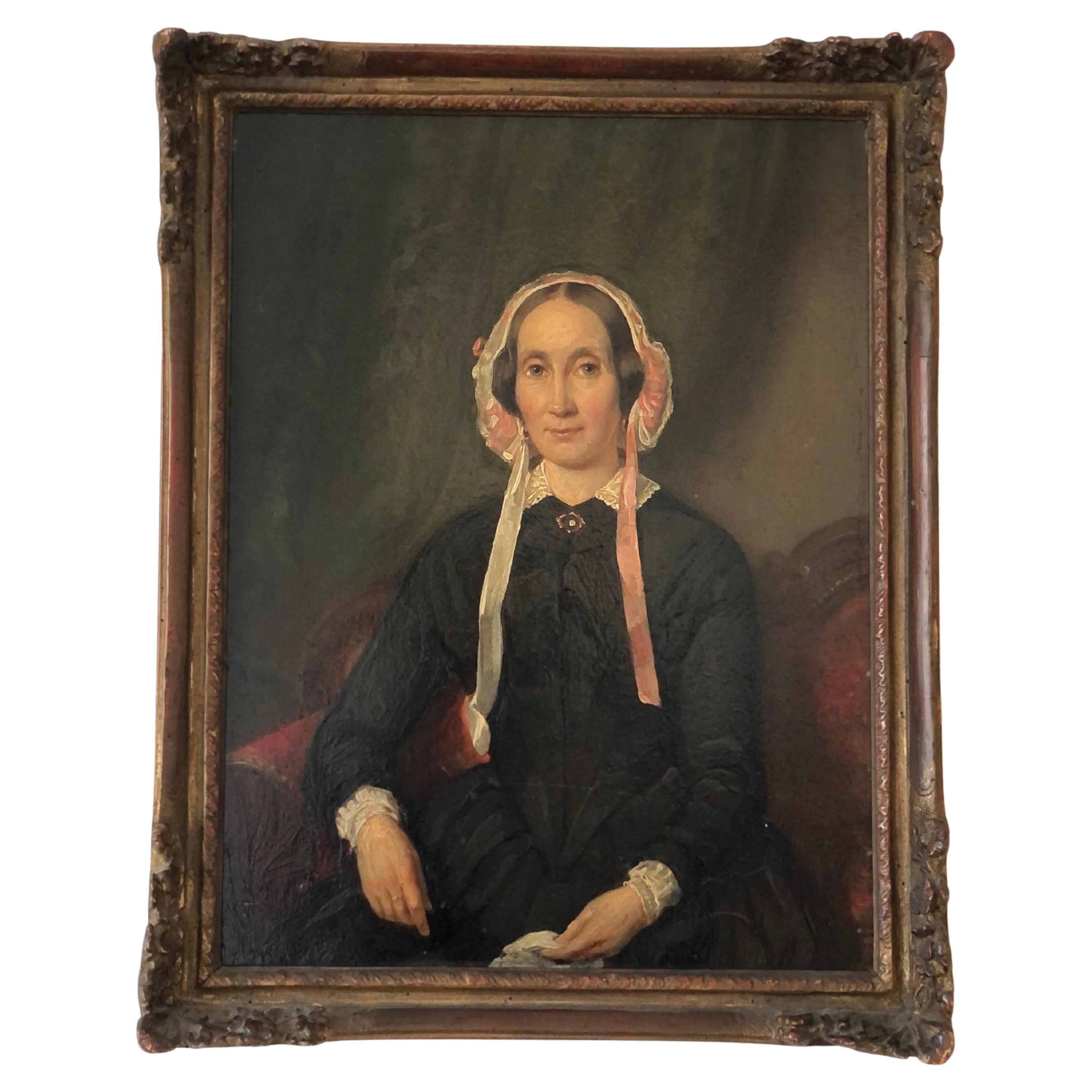 Antico ritratto di una signora olandese - Cornice dorata originale