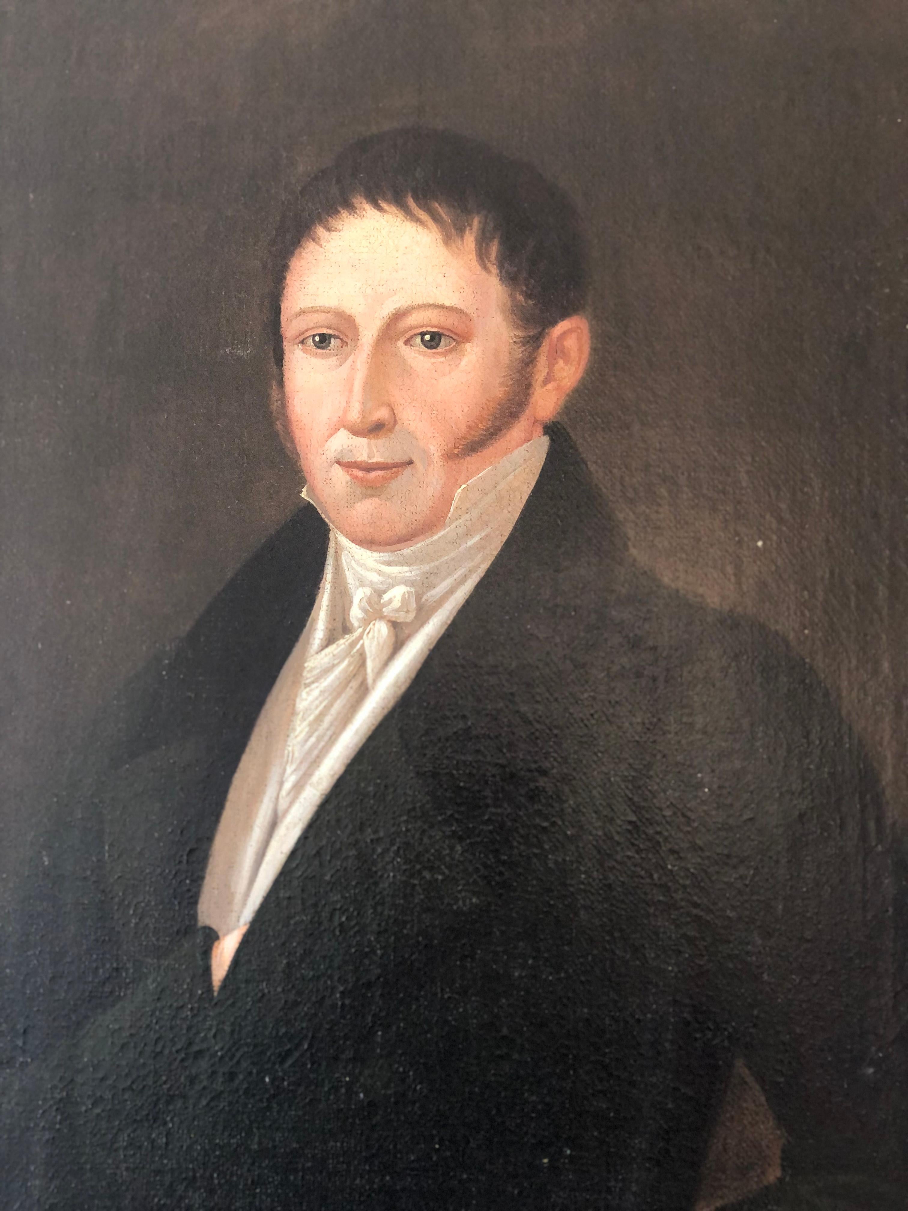 Biedermeier Antique Portrait Painting of a German Gentleman - Original Gilded Frame For Sale