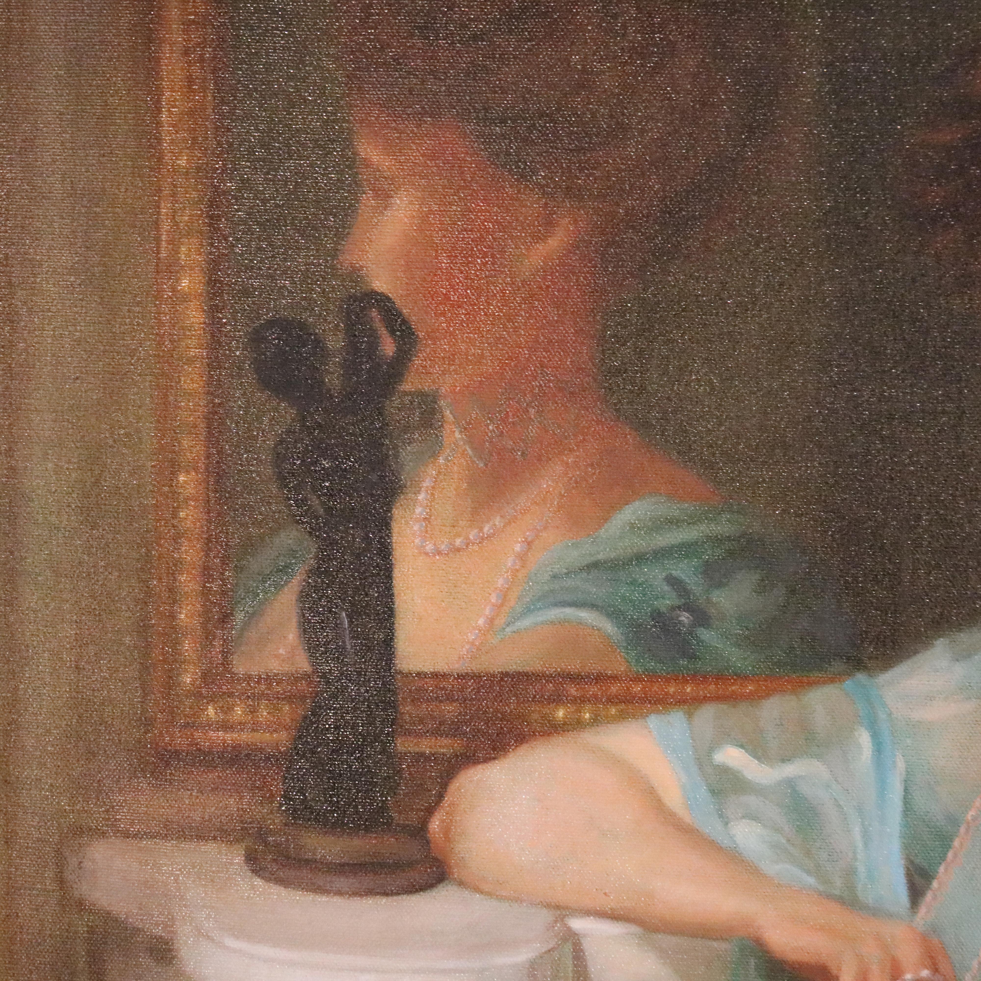 Antique Portrait Painting of a Woman in a Parlor Setting 20th Century 5