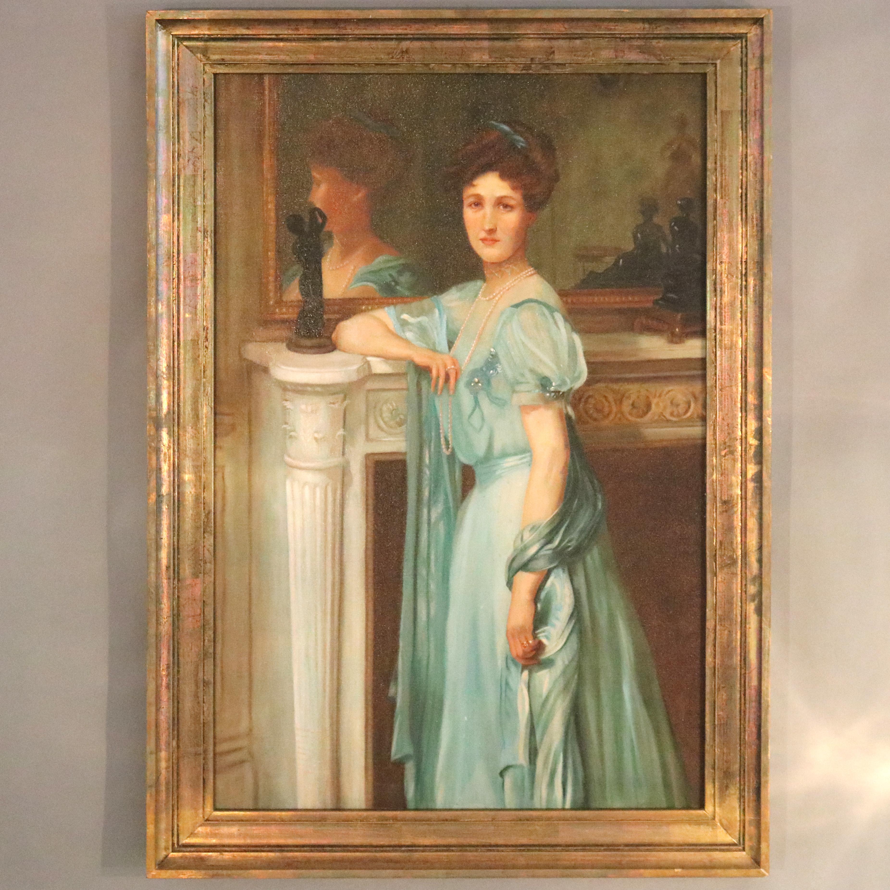 An antique painting offers oil on canvas portrait of a woman in formal attire in an interior parlor setting, seated in giltwood frame, 20th century.

Measures - 41
