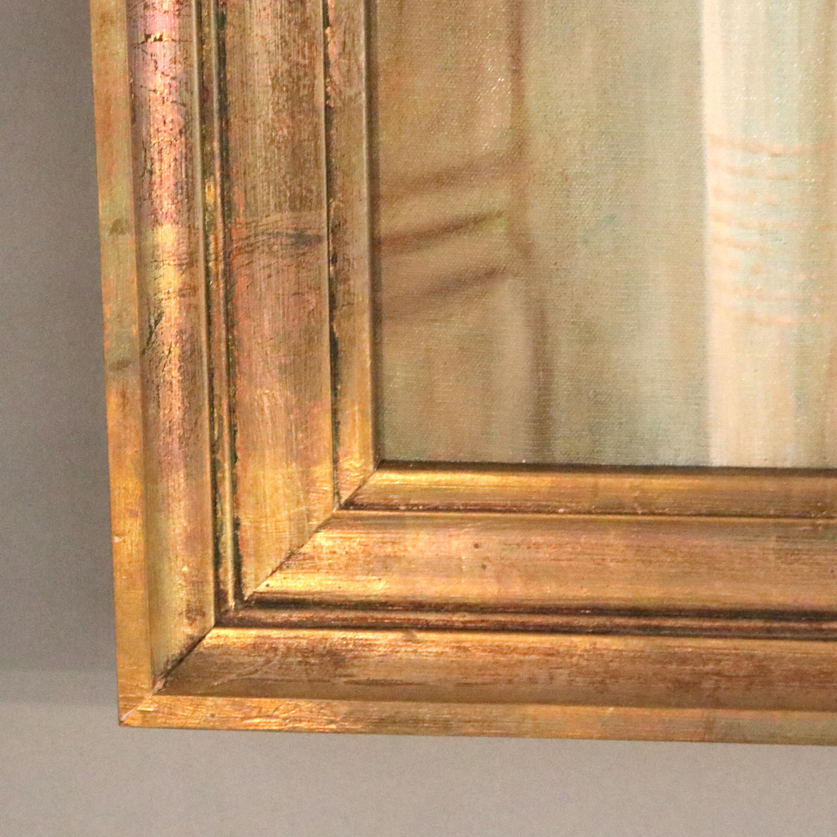 Hand-Painted Antique Portrait Painting of a Woman in a Parlor Setting 20th Century