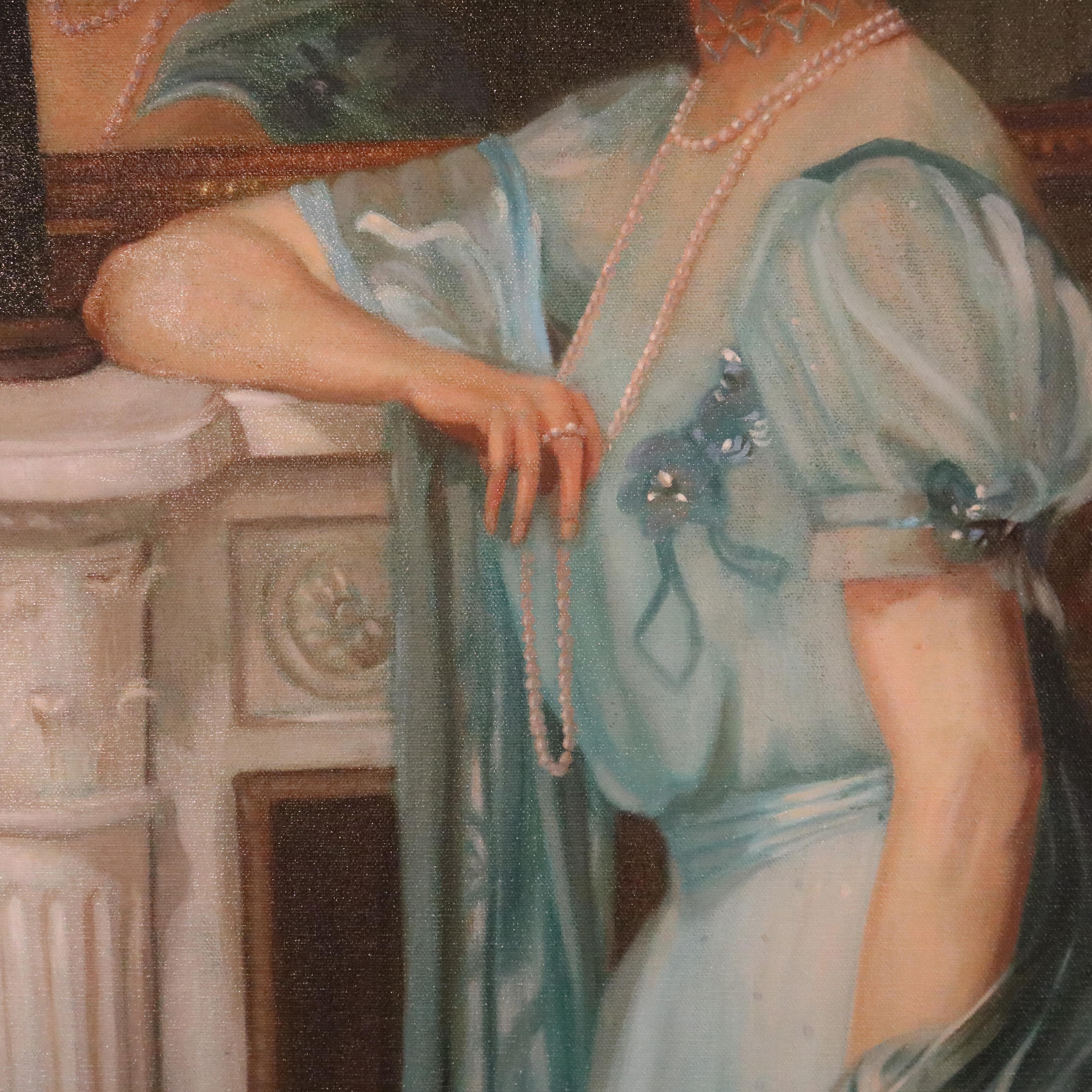 Canvas Antique Portrait Painting of a Woman in a Parlor Setting 20th Century