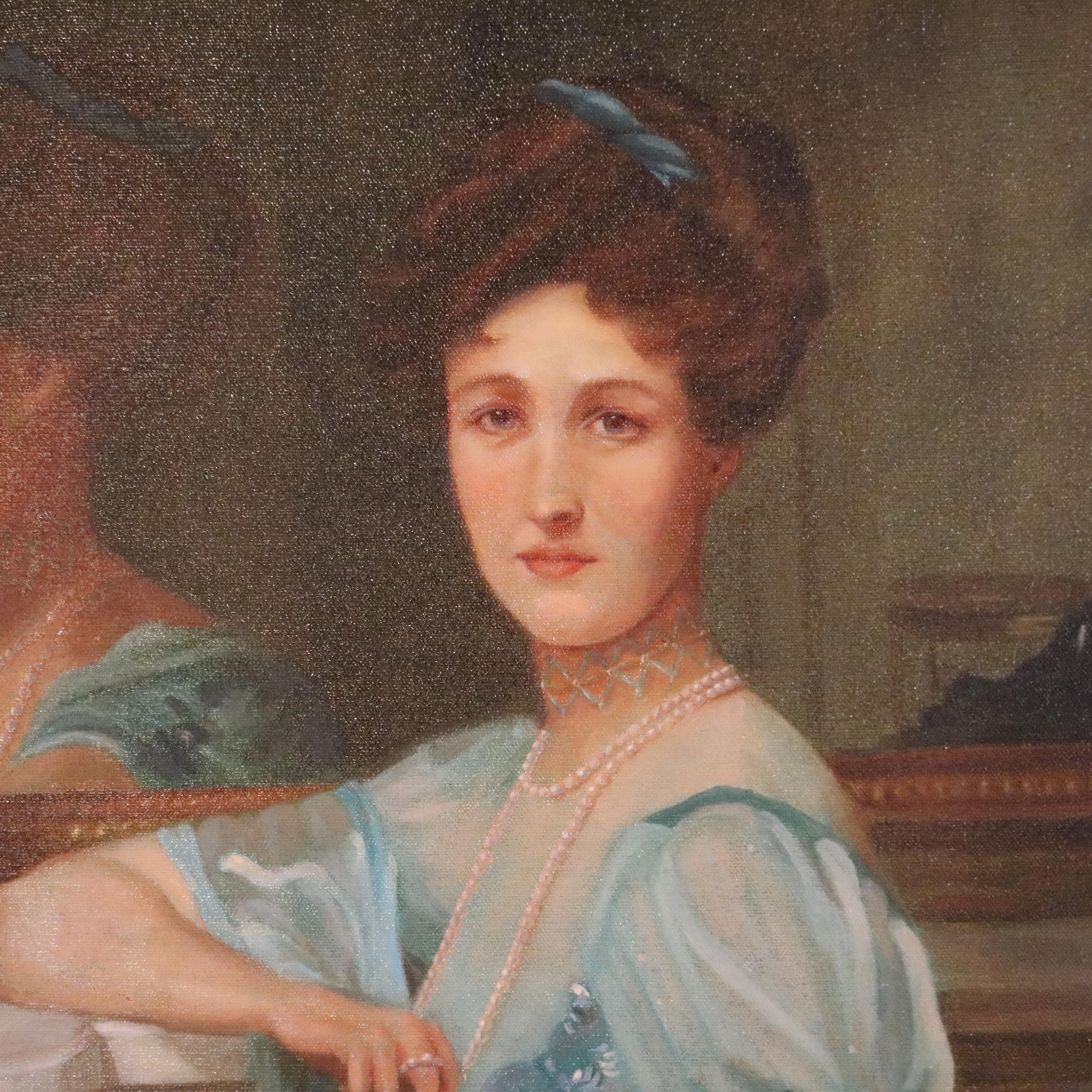 Antique Portrait Painting of a Woman in a Parlor Setting 20th Century 1