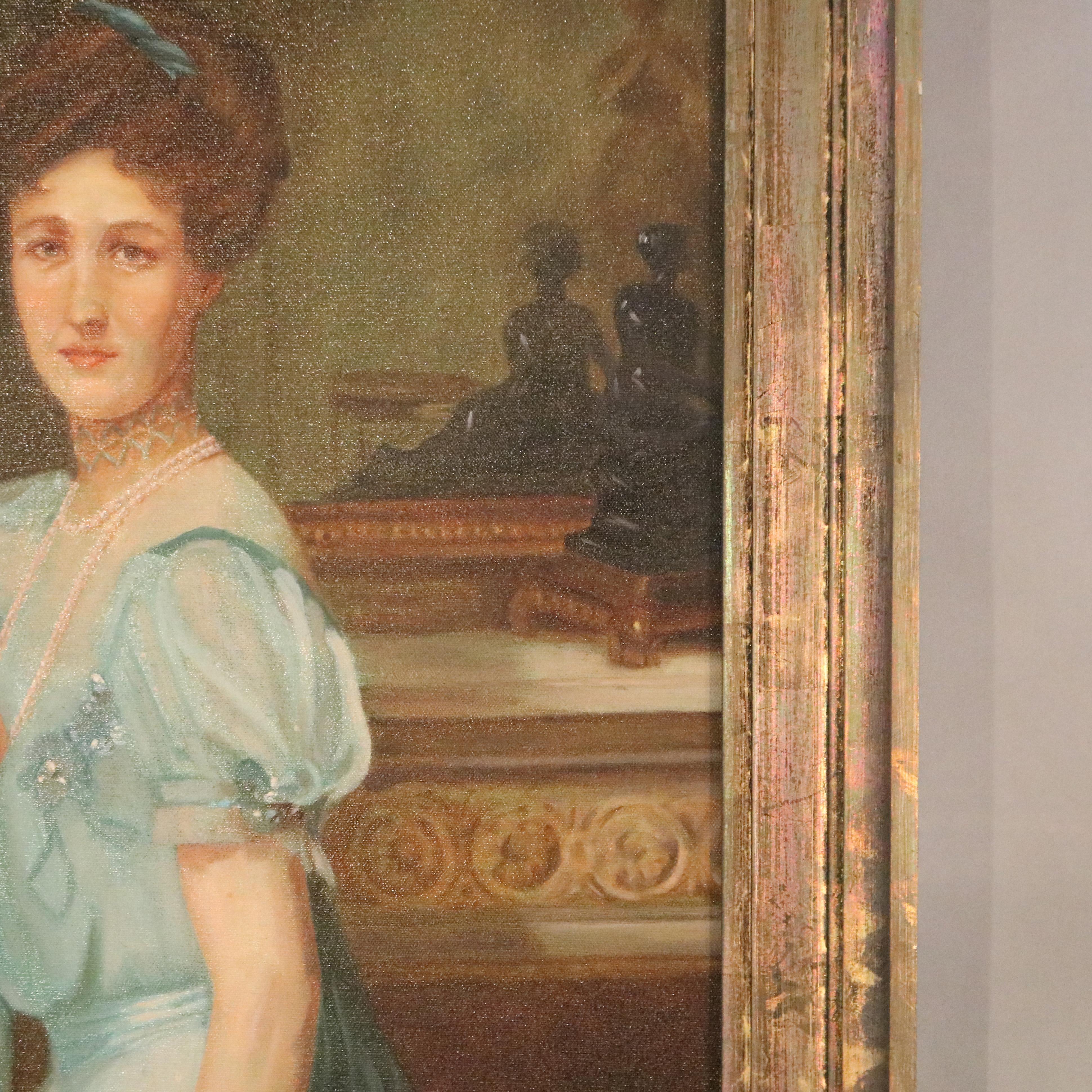 Antique Portrait Painting of a Woman in a Parlor Setting 20th Century 4