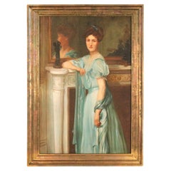 Antique Portrait Painting of a Woman in a Parlor Setting 20th Century