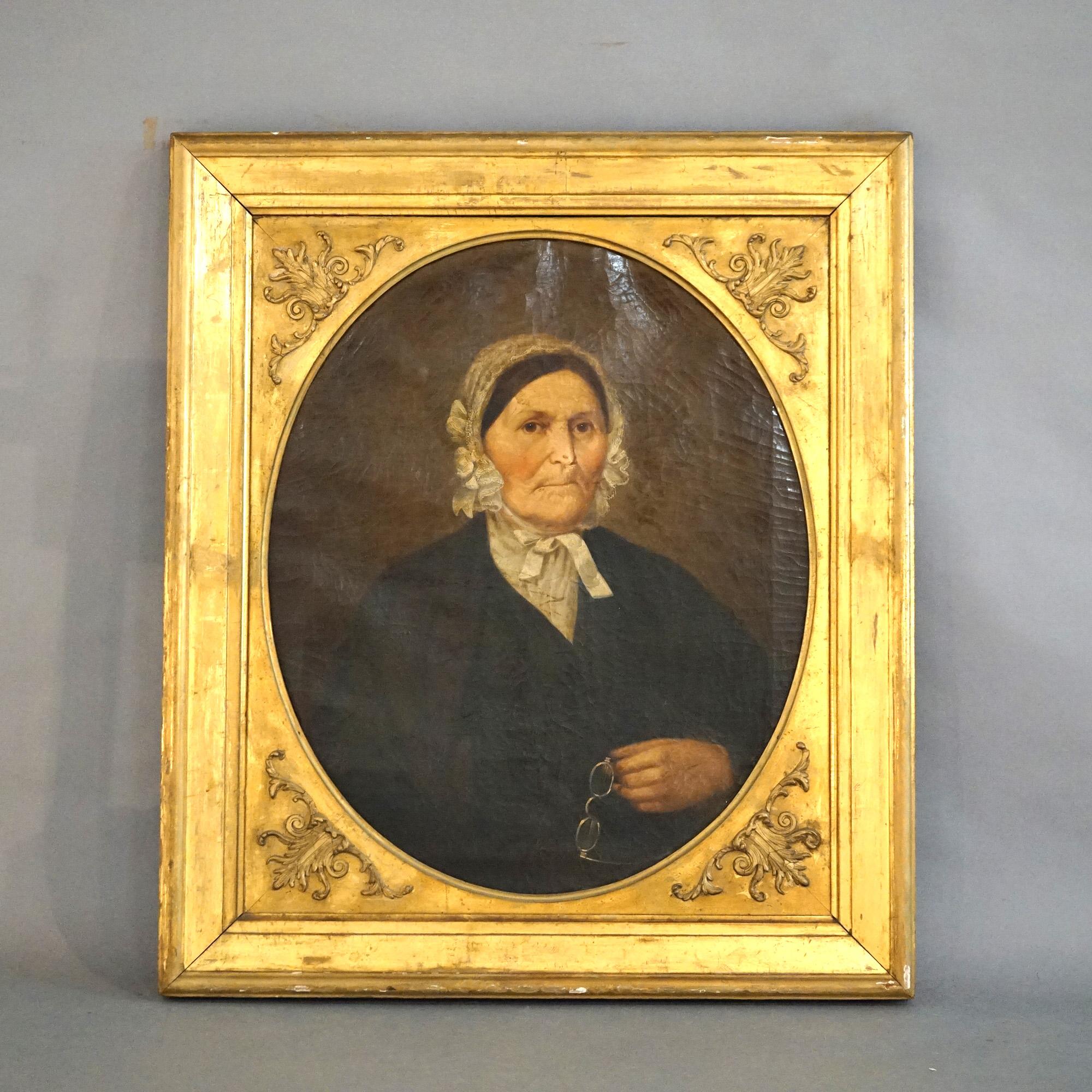 Antique Portrait Painting of A Woman in First Finish Giltwood Frame C1830 In Good Condition In Big Flats, NY