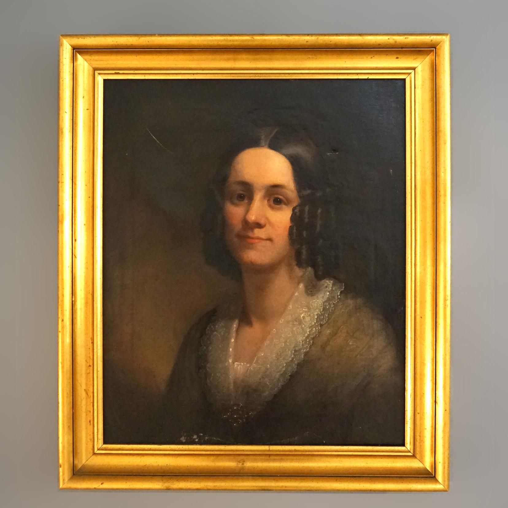 Antique Portrait Painting of a Woman, Signed  G.L.Gilbert 1844 on Reverse In Good Condition In Big Flats, NY