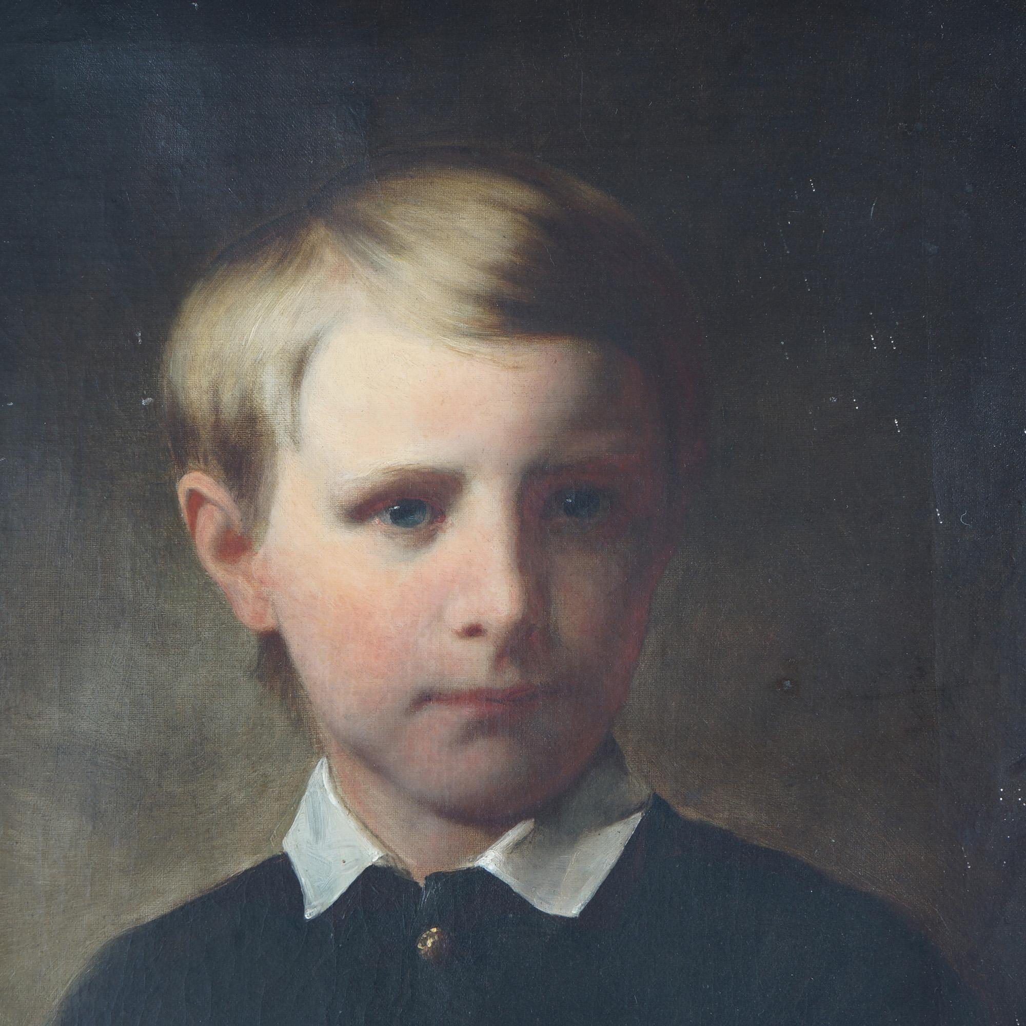 An antique painting offers oil on canvas portrait of a young man, en verso label reads 