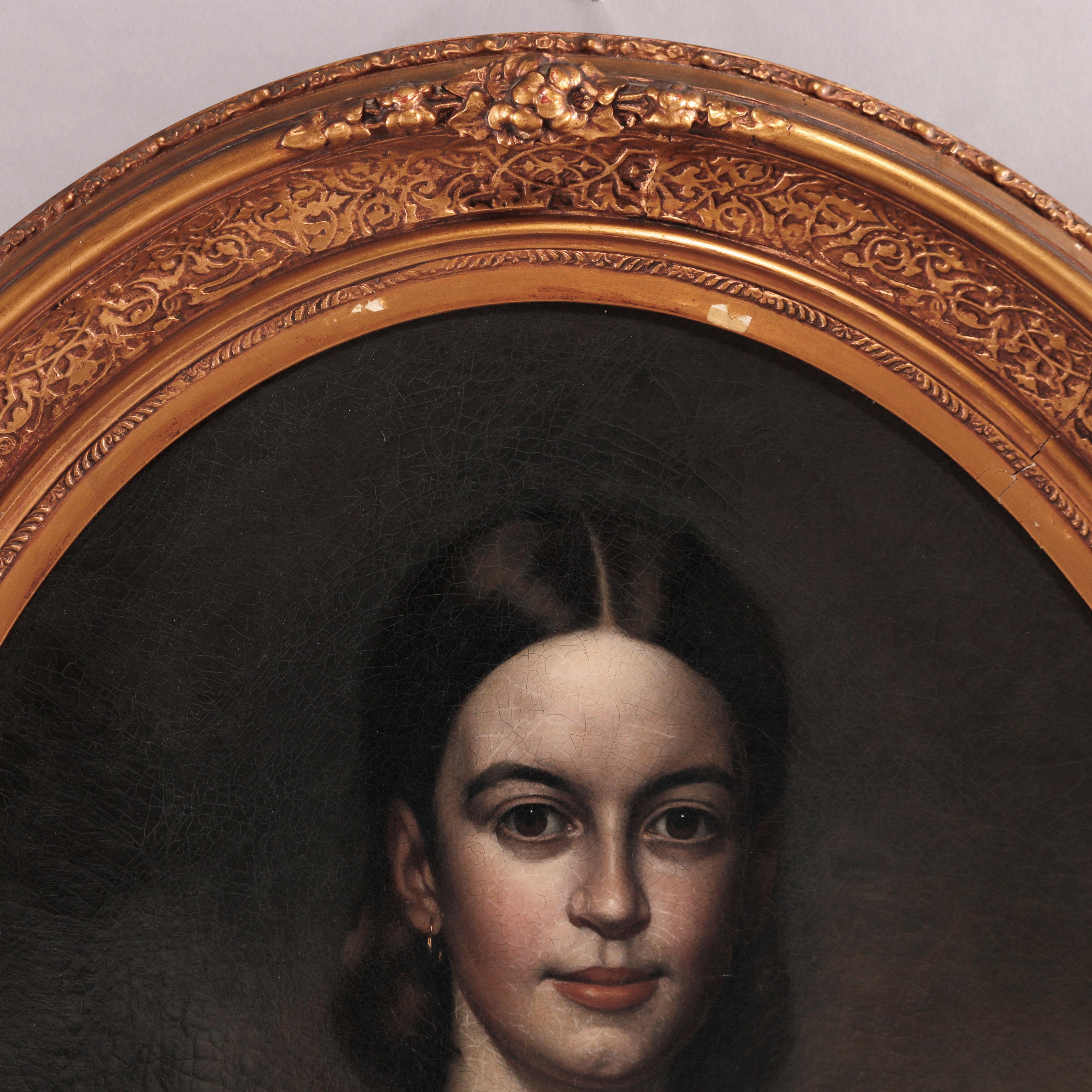 Neoclassical Antique Portrait Painting of a Young Woman by JA Haskell 1860 