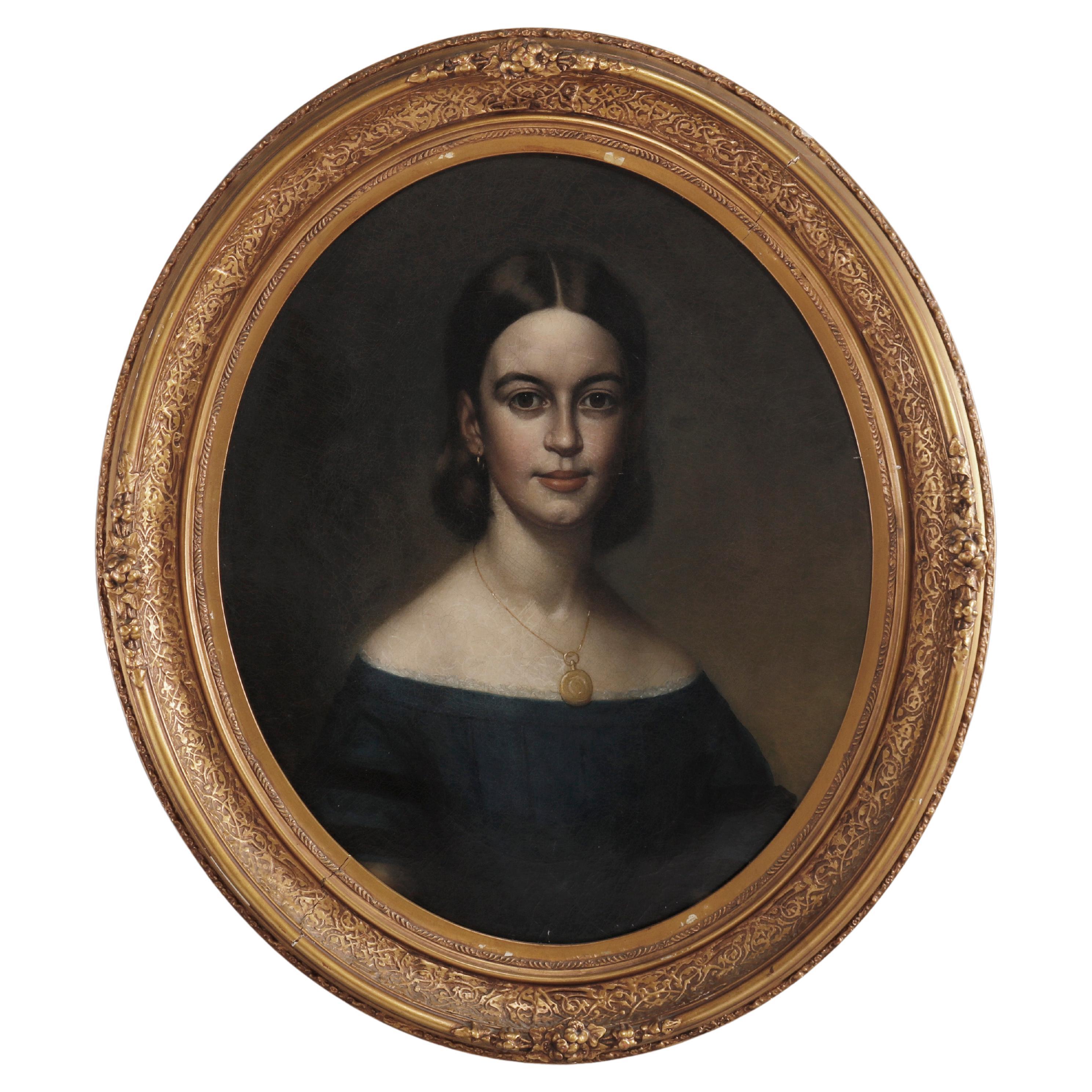 Antique Portrait Painting of a Young Woman by JA Haskell 1860 