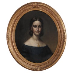 Antique Portrait Painting of a Young Woman by JA Haskell 1860 