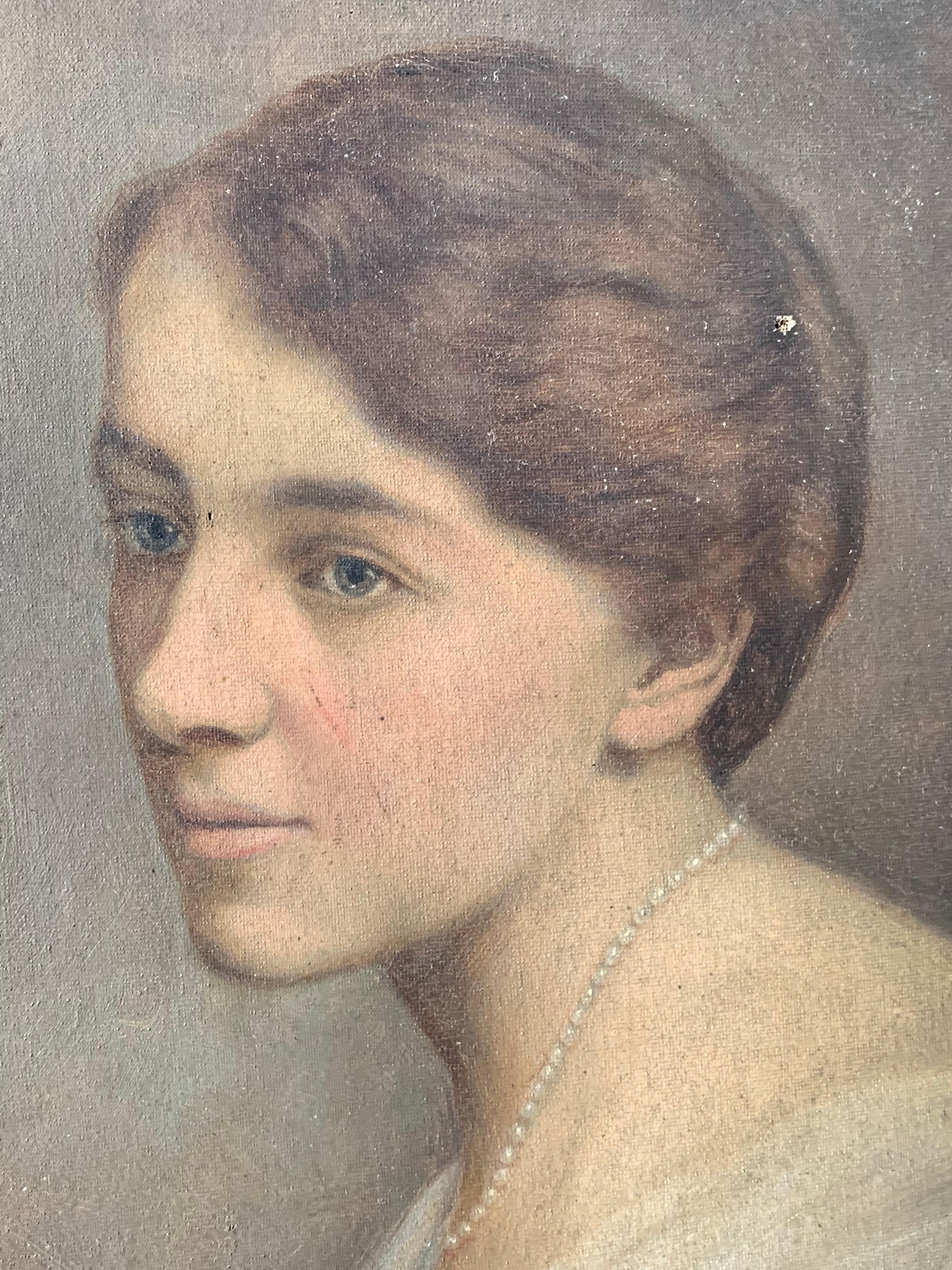 European Antique Portrait Painting Of A Young Women  For Sale