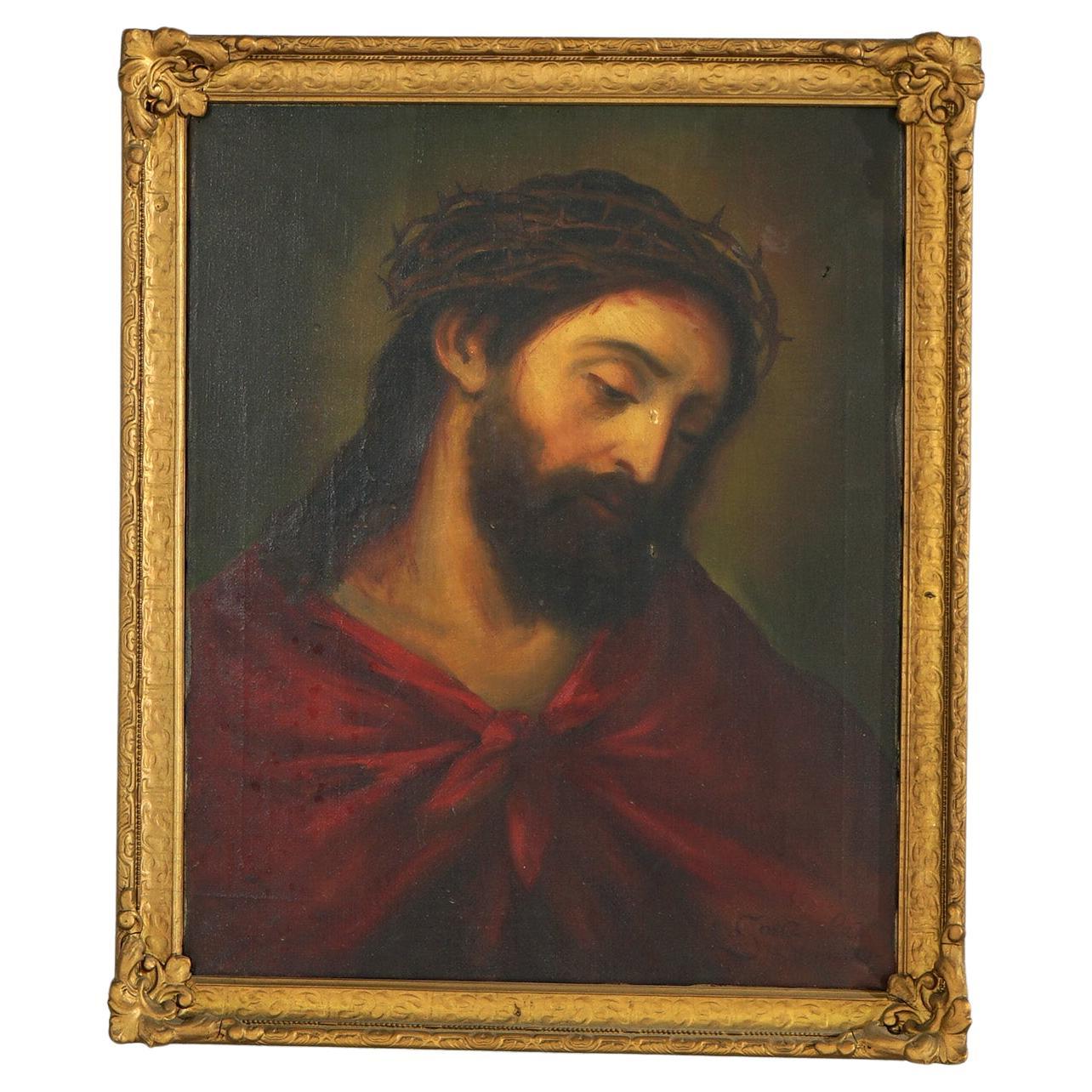 Antique Portrait Painting of Jesus, Framed, Circa 1890