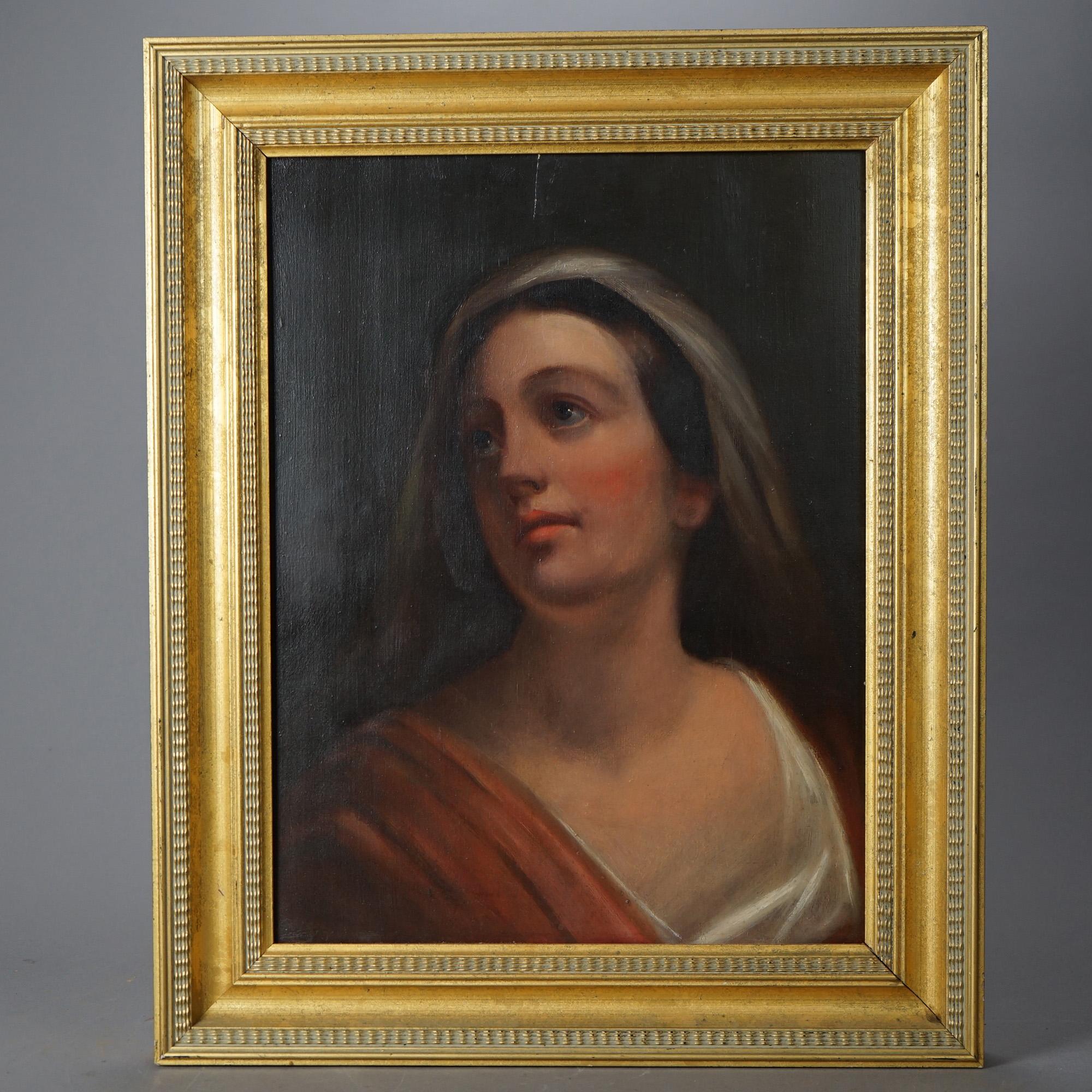 Antique Portrait Painting of Madonna Figure 19th Century in Newer Gilt