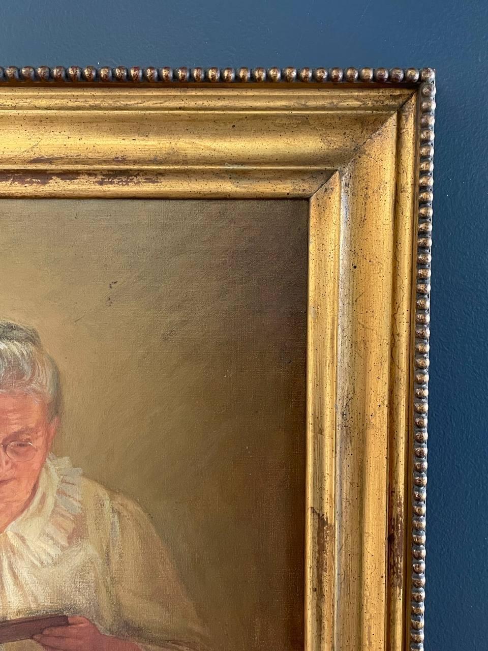 Antikes Porträtgemälde eines Matriarchs, Leses mit Blattgoldrahmen (amerikanisch) im Angebot