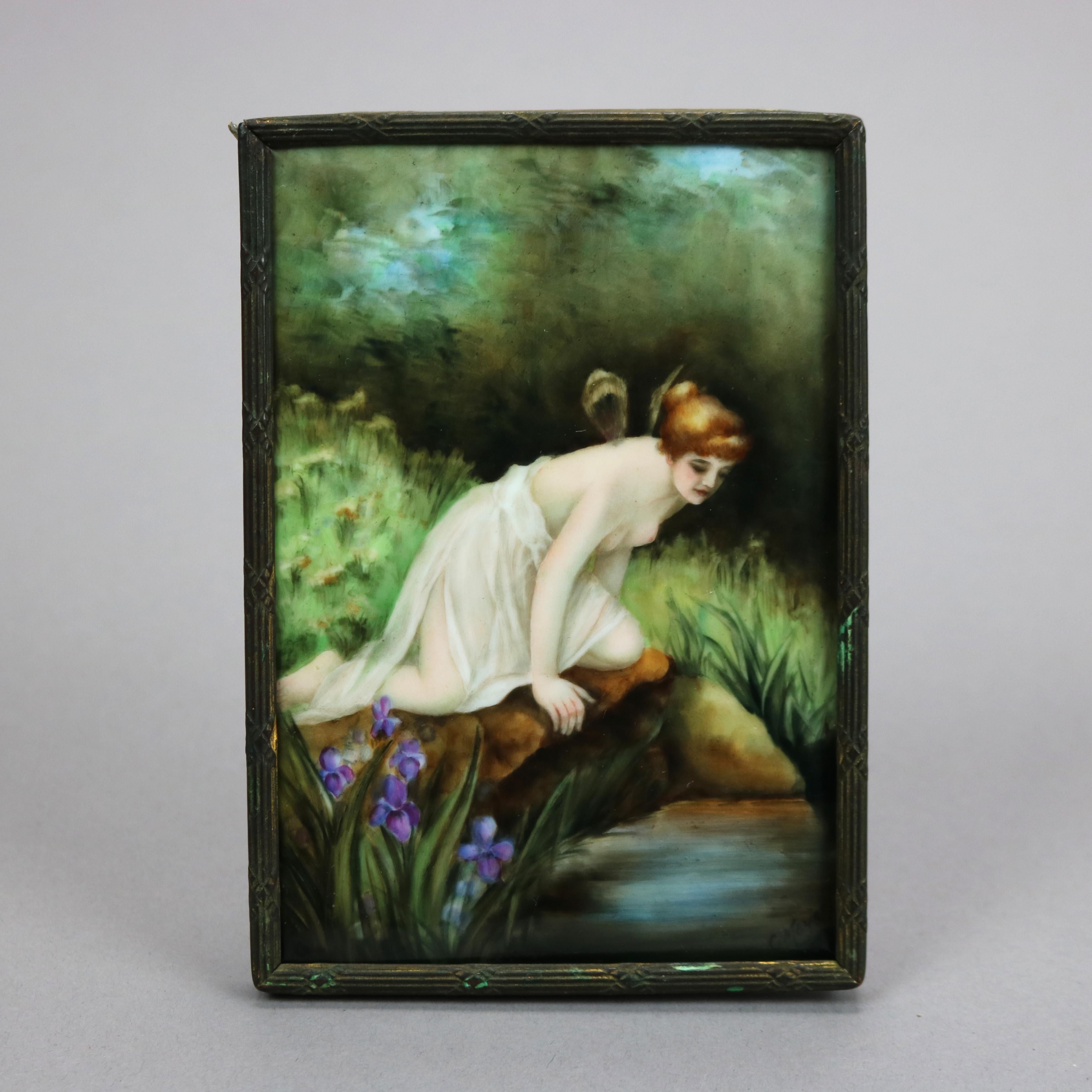 An antique painting on porcelain by C. Meyer offers portrait of Narcissus admiring herself in the reflection of the stream, artist signed lower right, seated in tabletop frame with stand, c1900

Measures - 6''H X 4.25''W X .5''D

Additional