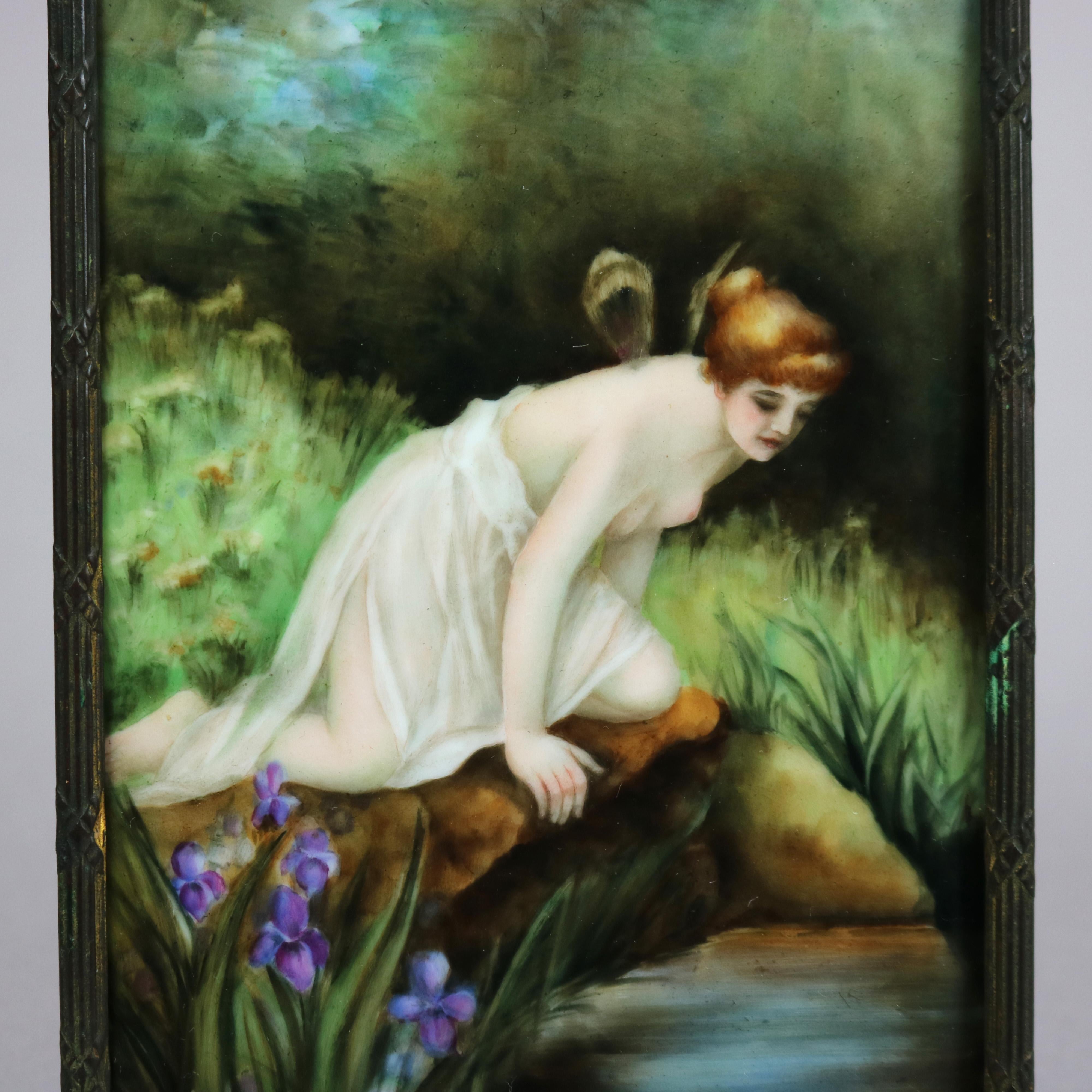 Hand-Painted Antique Portrait Painting on Porcelain of Narcissus, Signed C. Meyer, Circa 1900