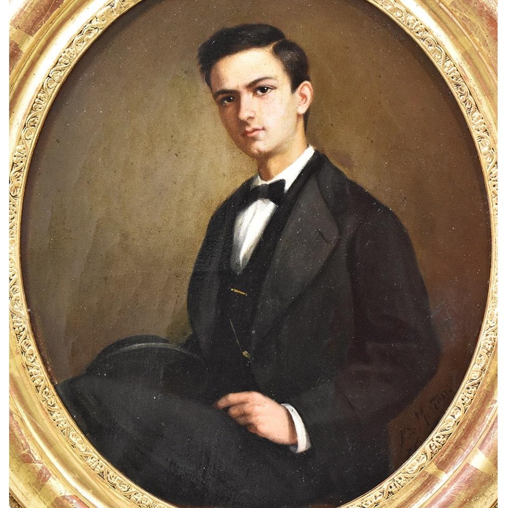 This is a Antique Portrait Artwork, Antique Portraits proposes a young man elegantly dressed,
Oil painting on canvas, male portraits, young man in oval from the 19th century. XIXcentury. Antique Paintings. 

Portraits of a young man in an oval