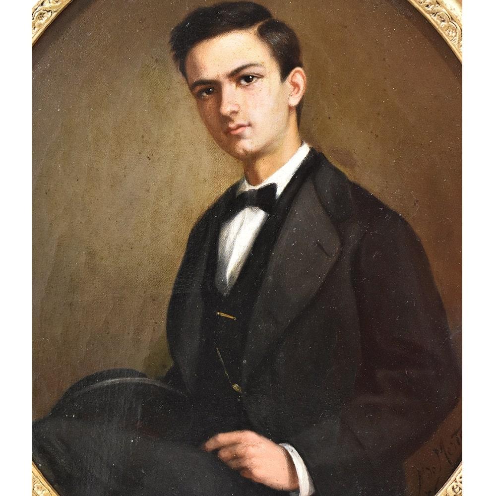 Napoleon III Antique Portrait Painting, Young Man Elegantly Dressed, Oval Painting