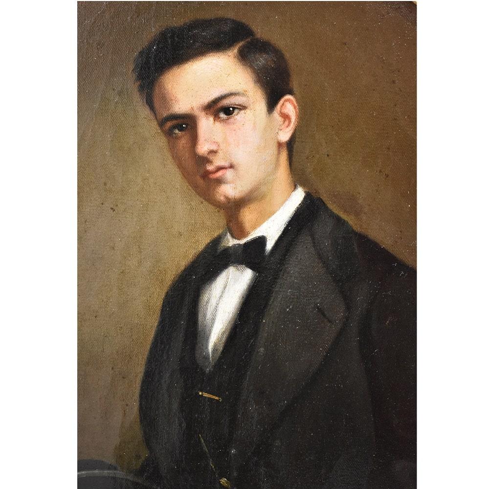 French Antique Portrait Painting, Young Man Elegantly Dressed, Oval Painting